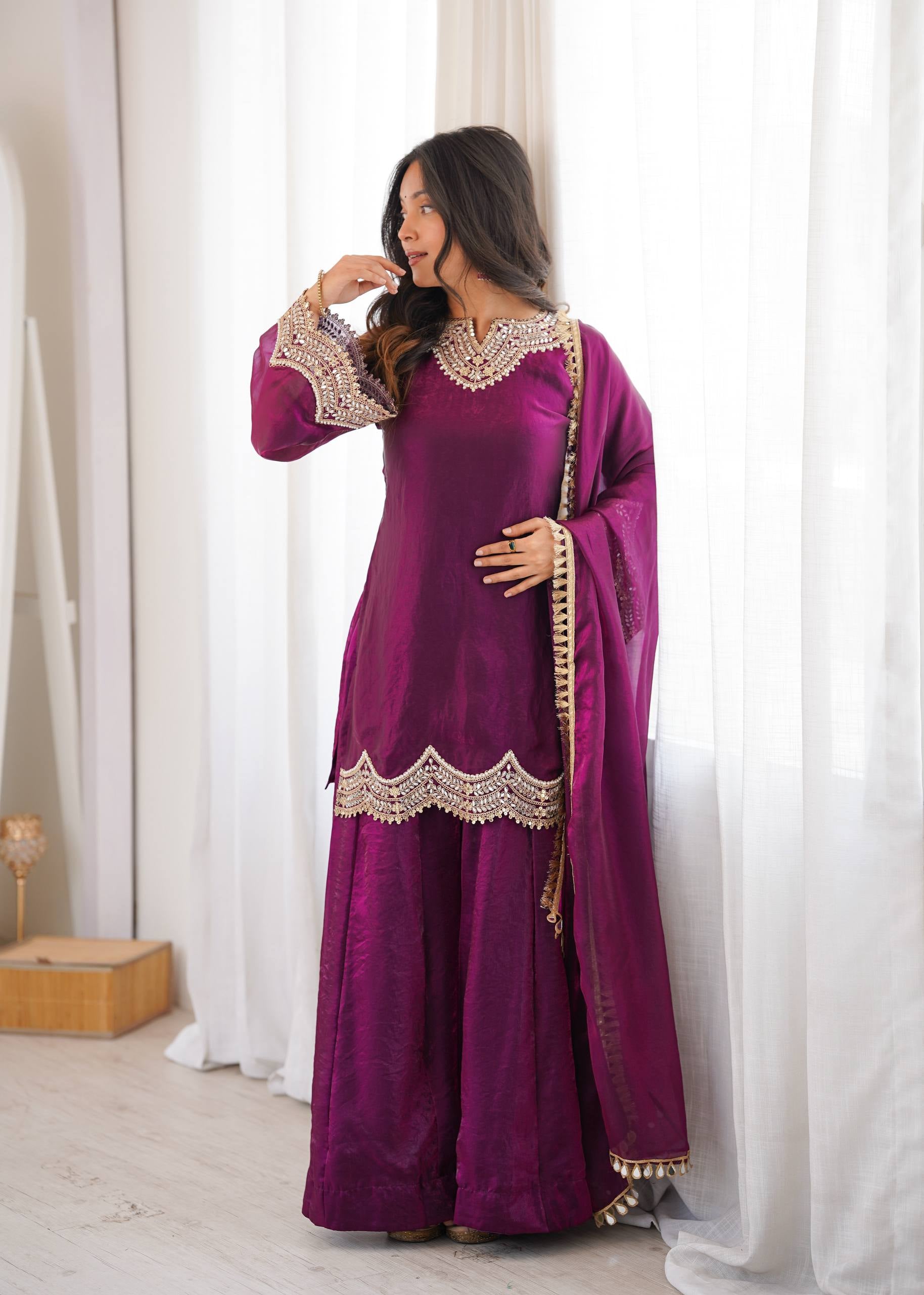 Womenline Wine Purple Embroidered Kurta Sharara Set with Organza Dupatta