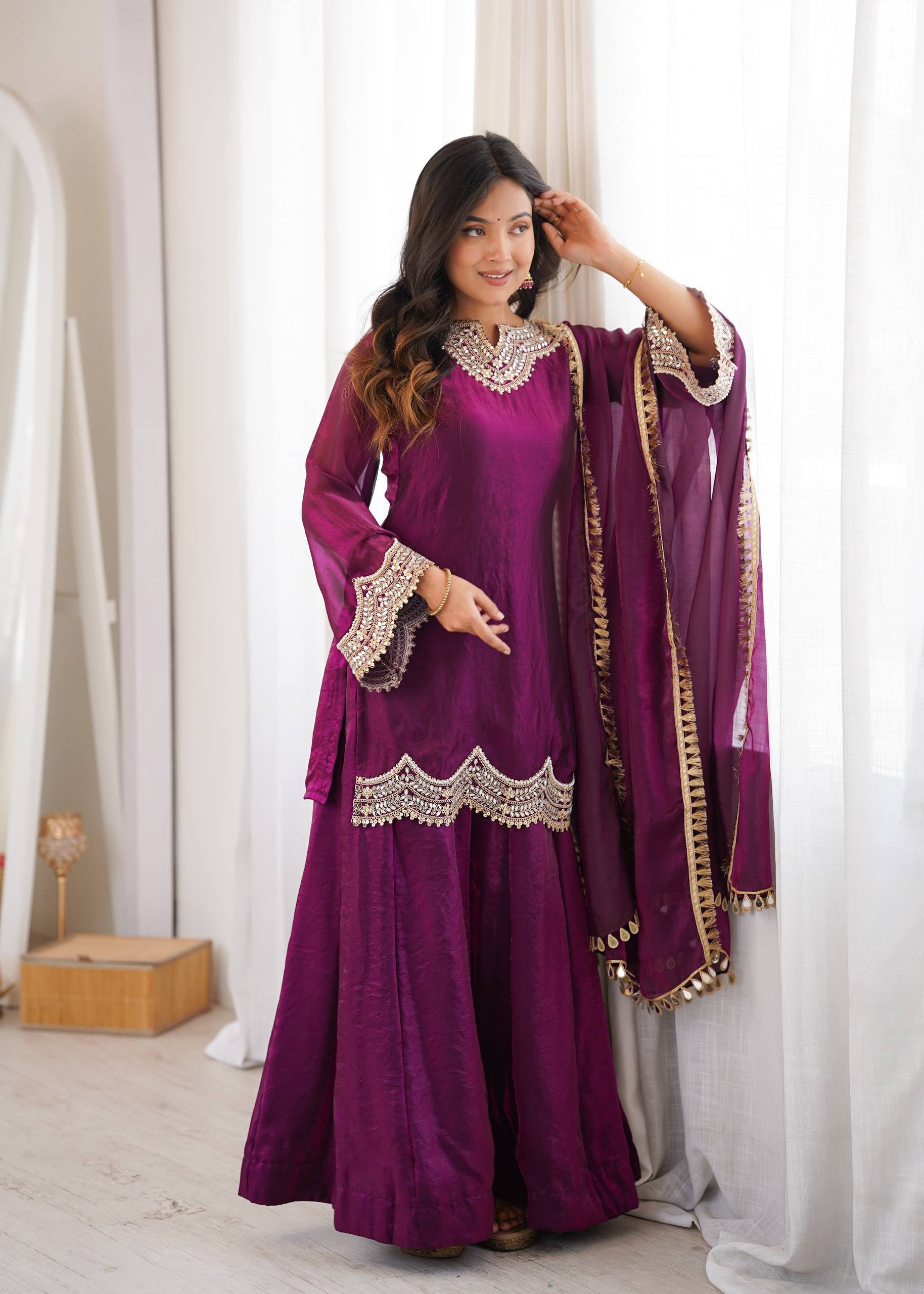 Womenline Wine Purple Embroidered Kurta Sharara Set with Organza Dupatta