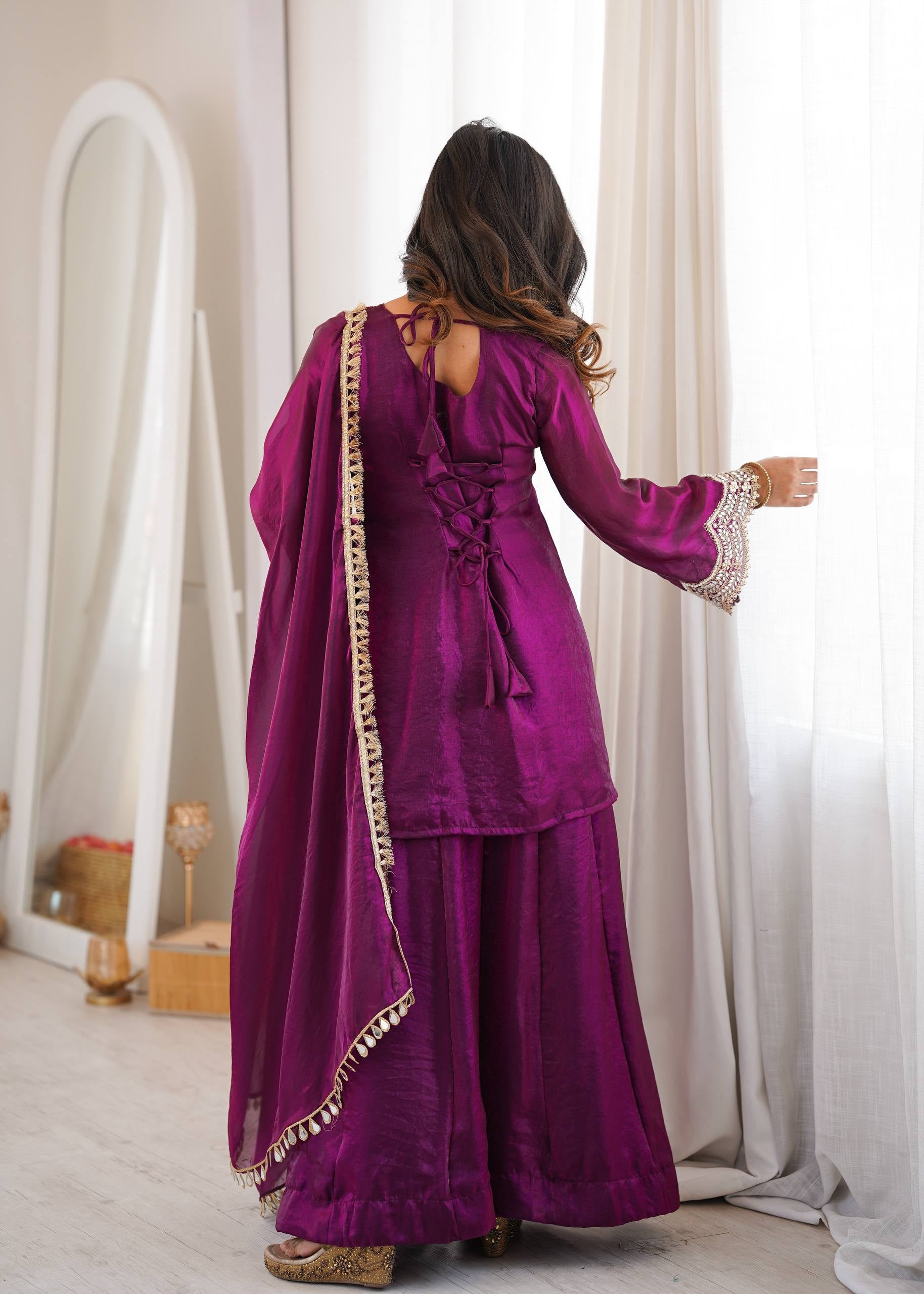 Womenline Wine Purple Embroidered Kurta Sharara Set with Organza Dupatta