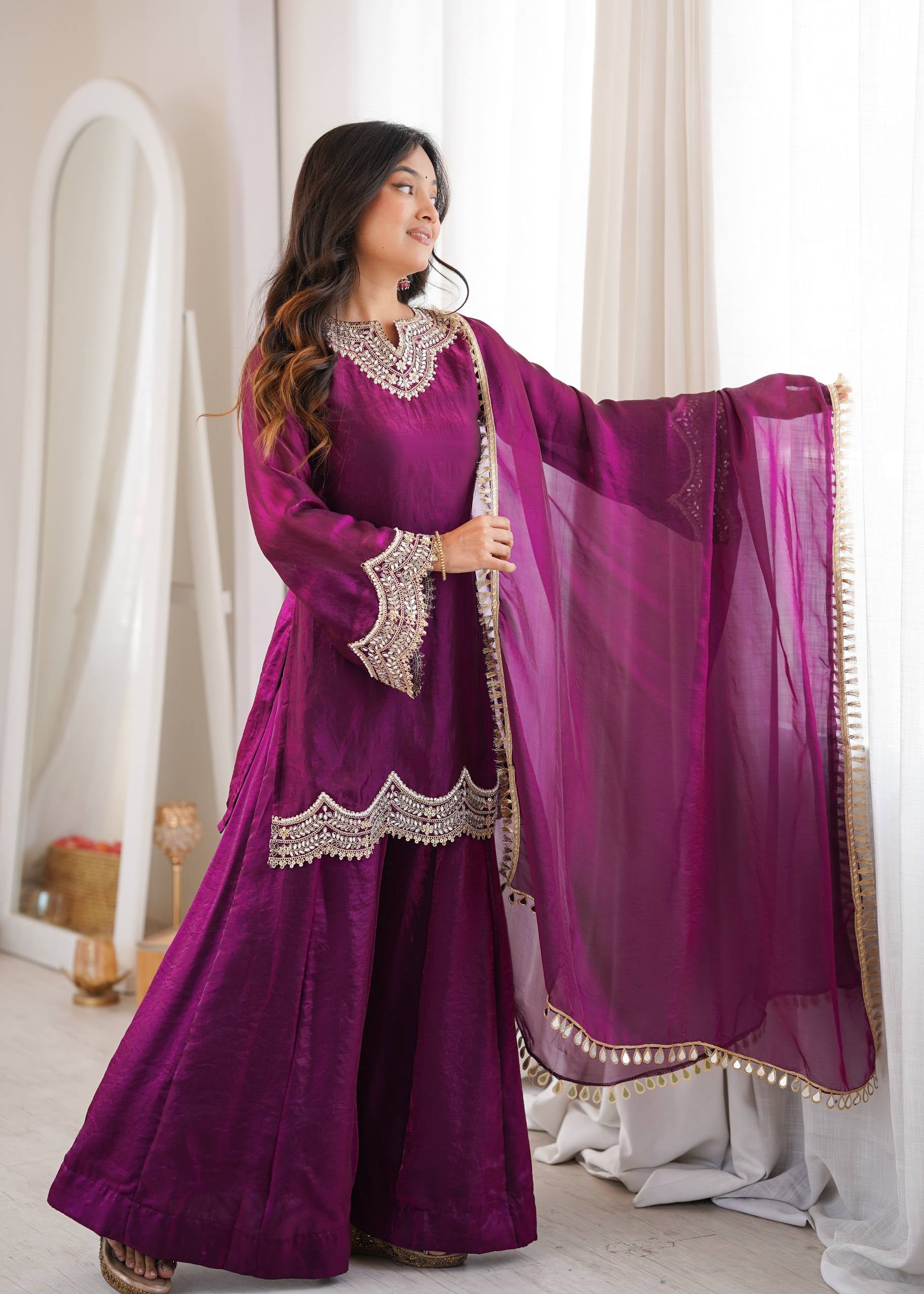 Womenline Wine Purple Embroidered Kurta Sharara Set with Organza Dupatta