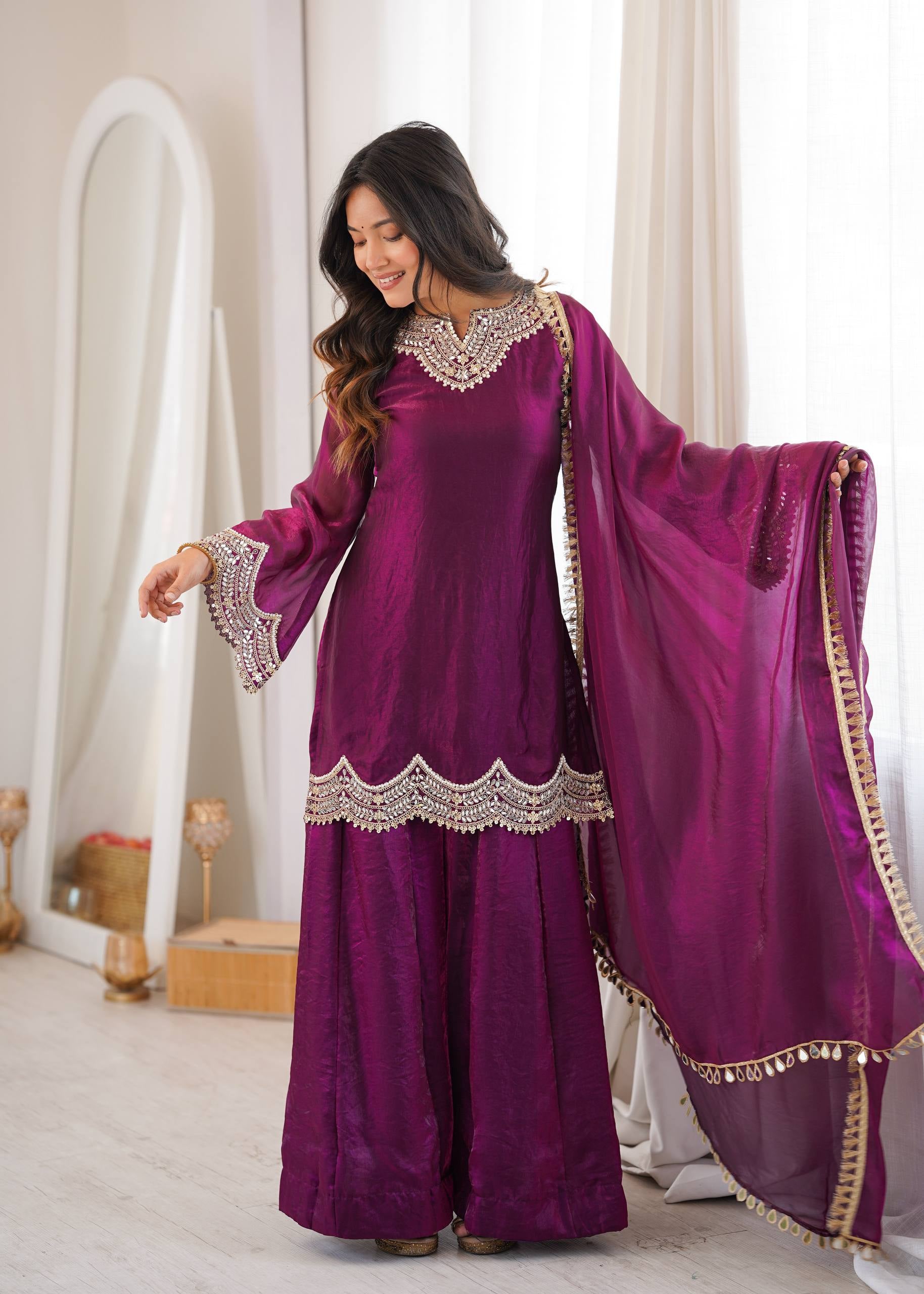 Womenline Wine Purple Embroidered Kurta Sharara Set with Organza Dupatta