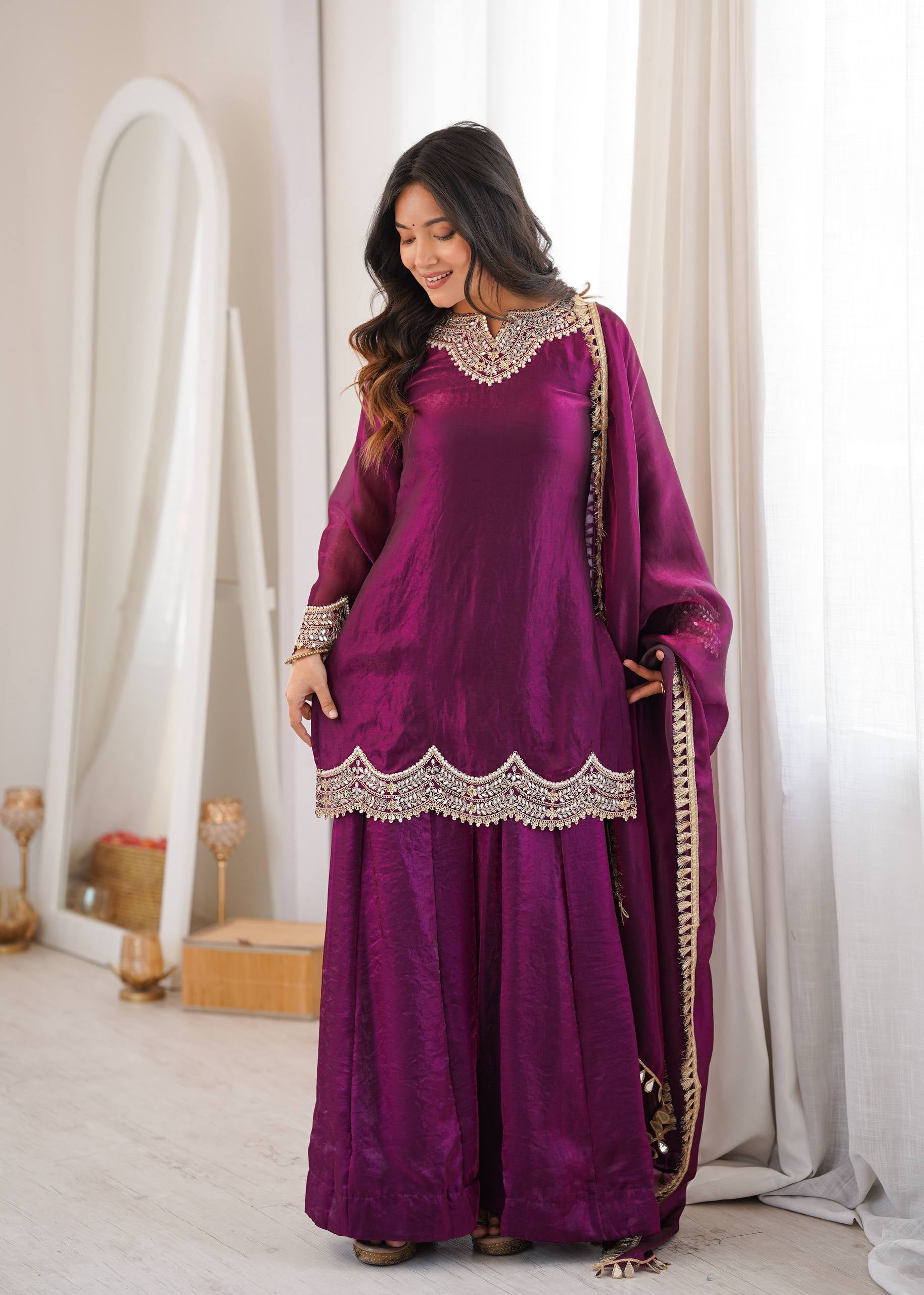 Womenline Wine Purple Embroidered Kurta Sharara Set with Organza Dupatta