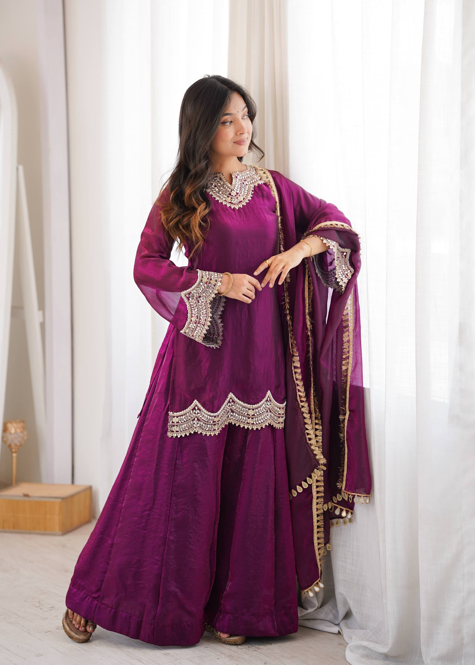 Womenline Wine Purple Embroidered Kurta Sharara Set with Organza Dupatta