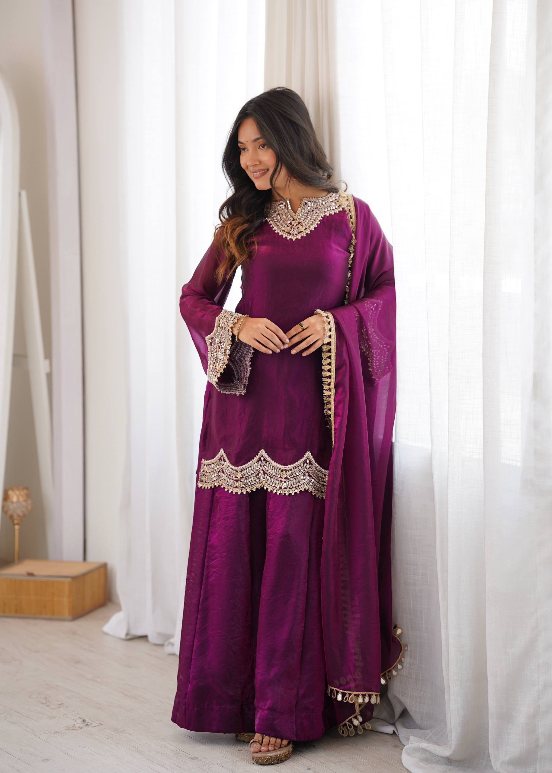 Womenline Wine Purple Embroidered Kurta Sharara Set with Organza Dupatta