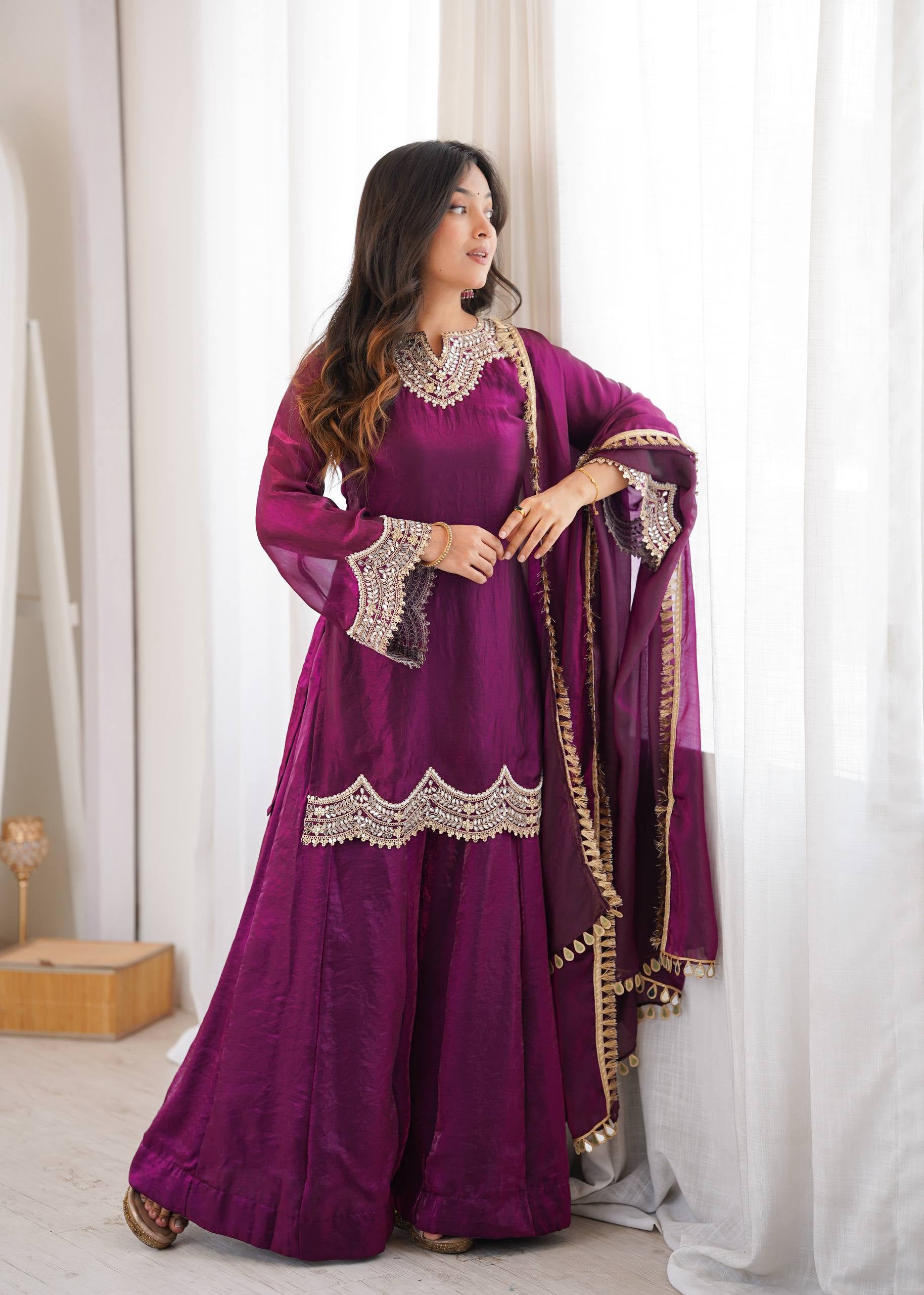 Womenline Wine Purple Embroidered Kurta Sharara Set with Organza Dupatta