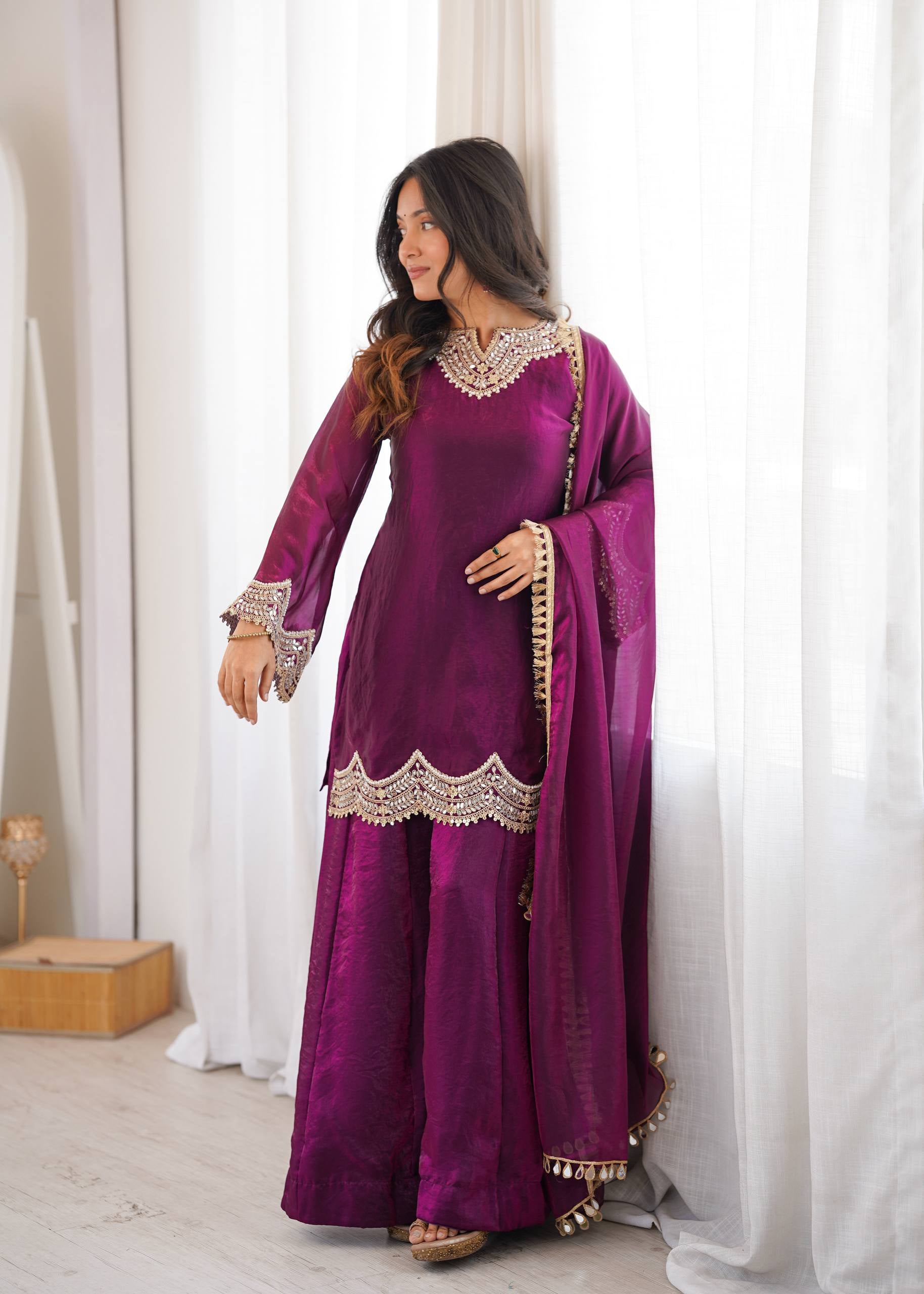 Womenline Wine Purple Embroidered Kurta Sharara Set with Organza Dupatta