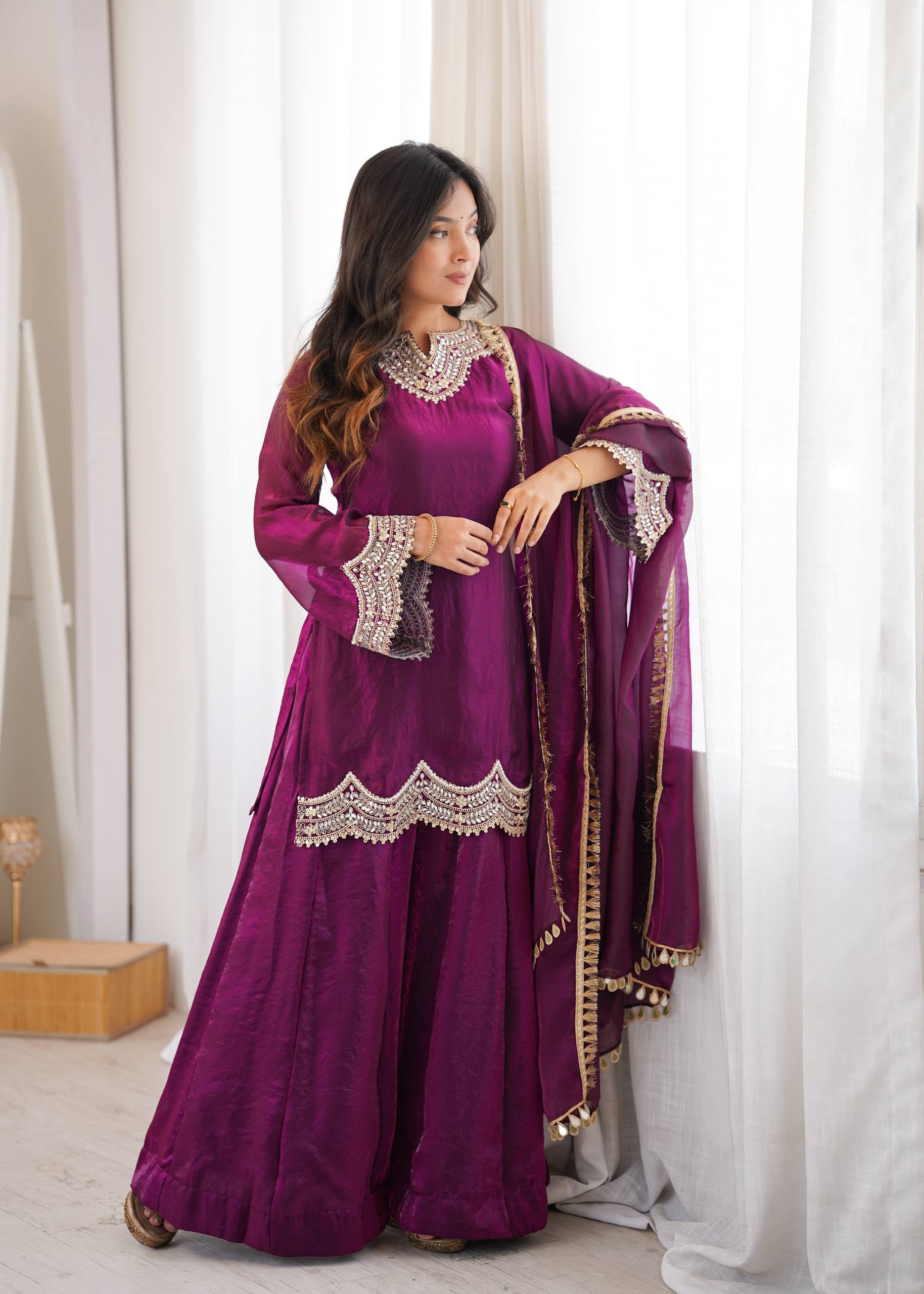 Womenline Wine Purple Embroidered Kurta Sharara Set with Organza Dupatta
