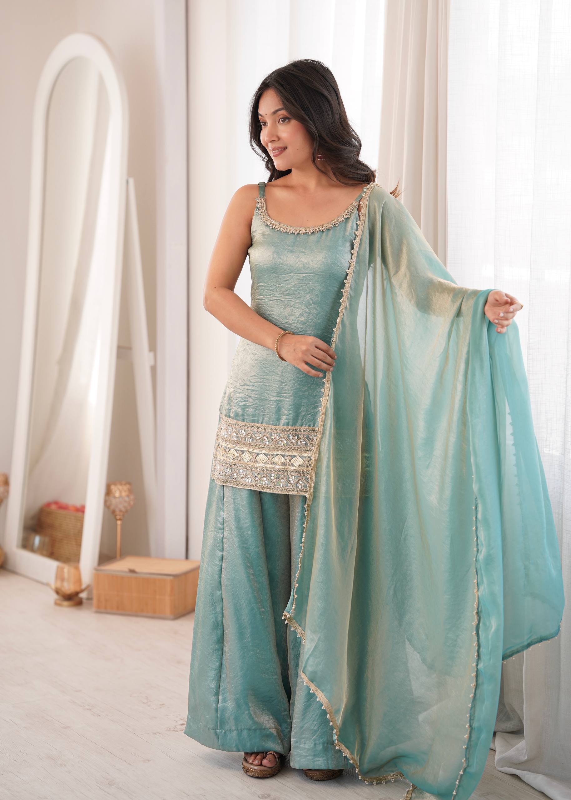 Womenline Sky Blue Embroidered Kurta Sharara Set with Organza Dupatta