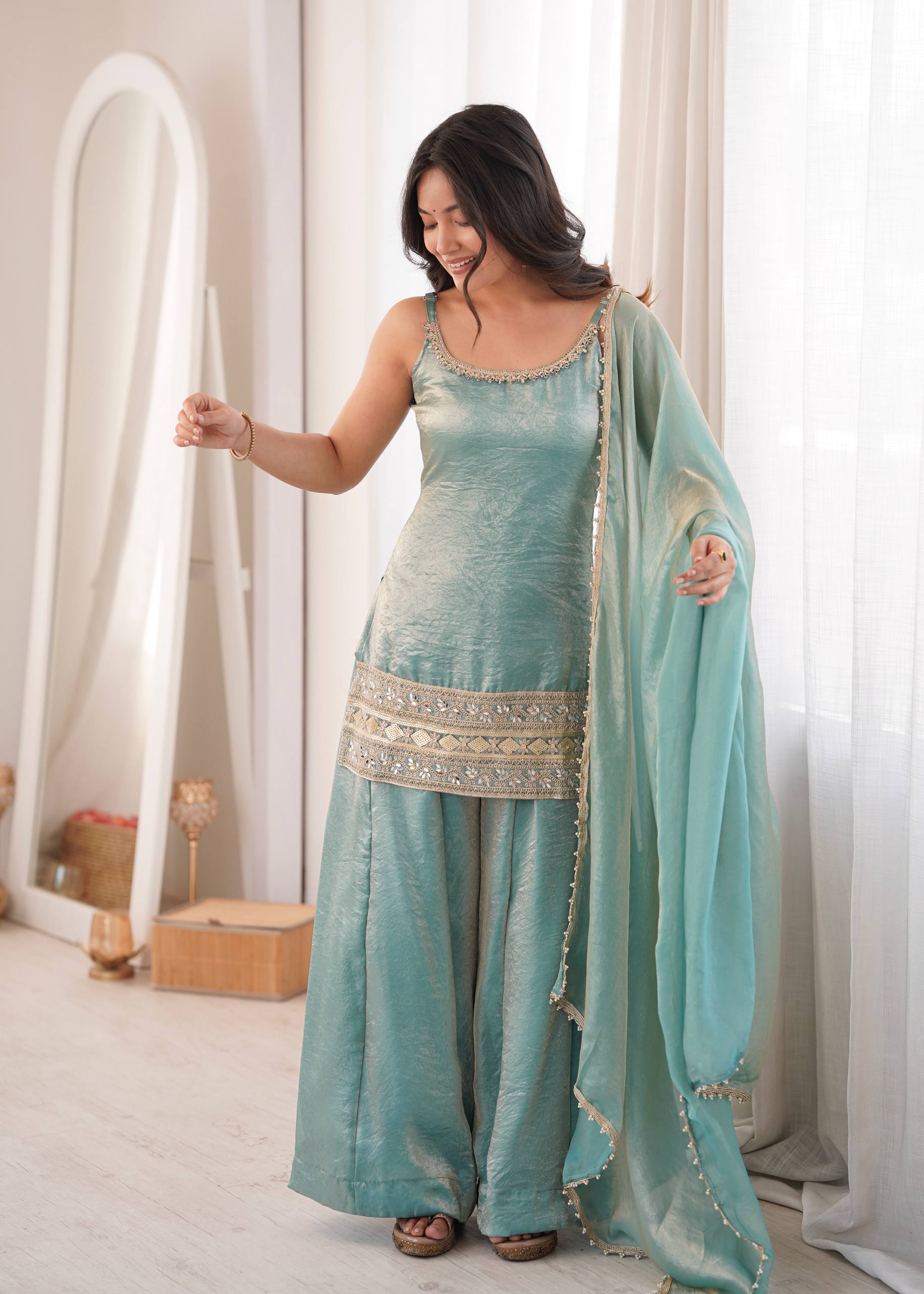 Womenline Sky Blue Embroidered Kurta Sharara Set with Organza Dupatta