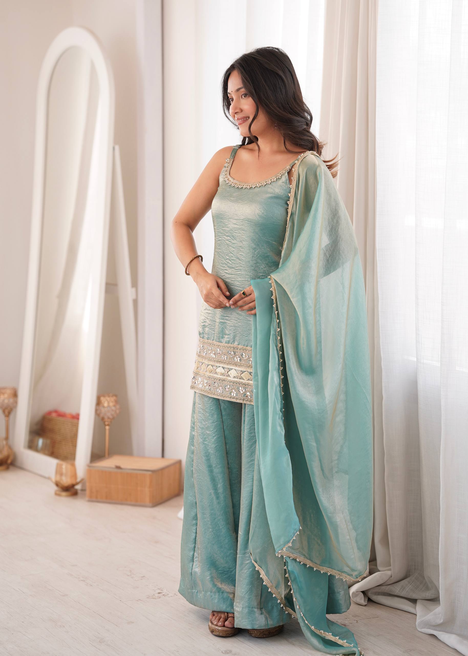 Womenline Sky Blue Embroidered Kurta Sharara Set with Organza Dupatta