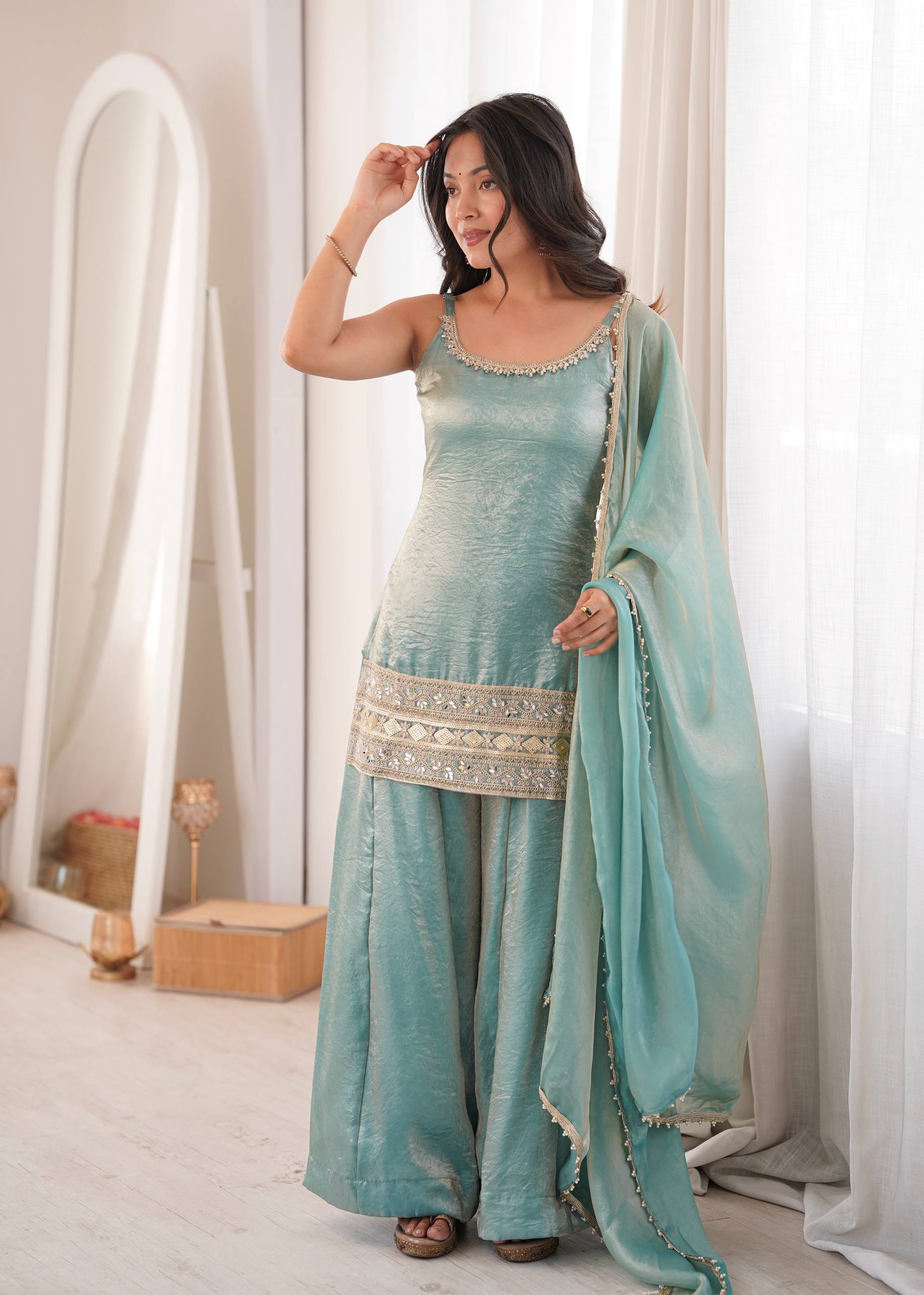 Womenline Sky Blue Embroidered Kurta Sharara Set with Organza Dupatta