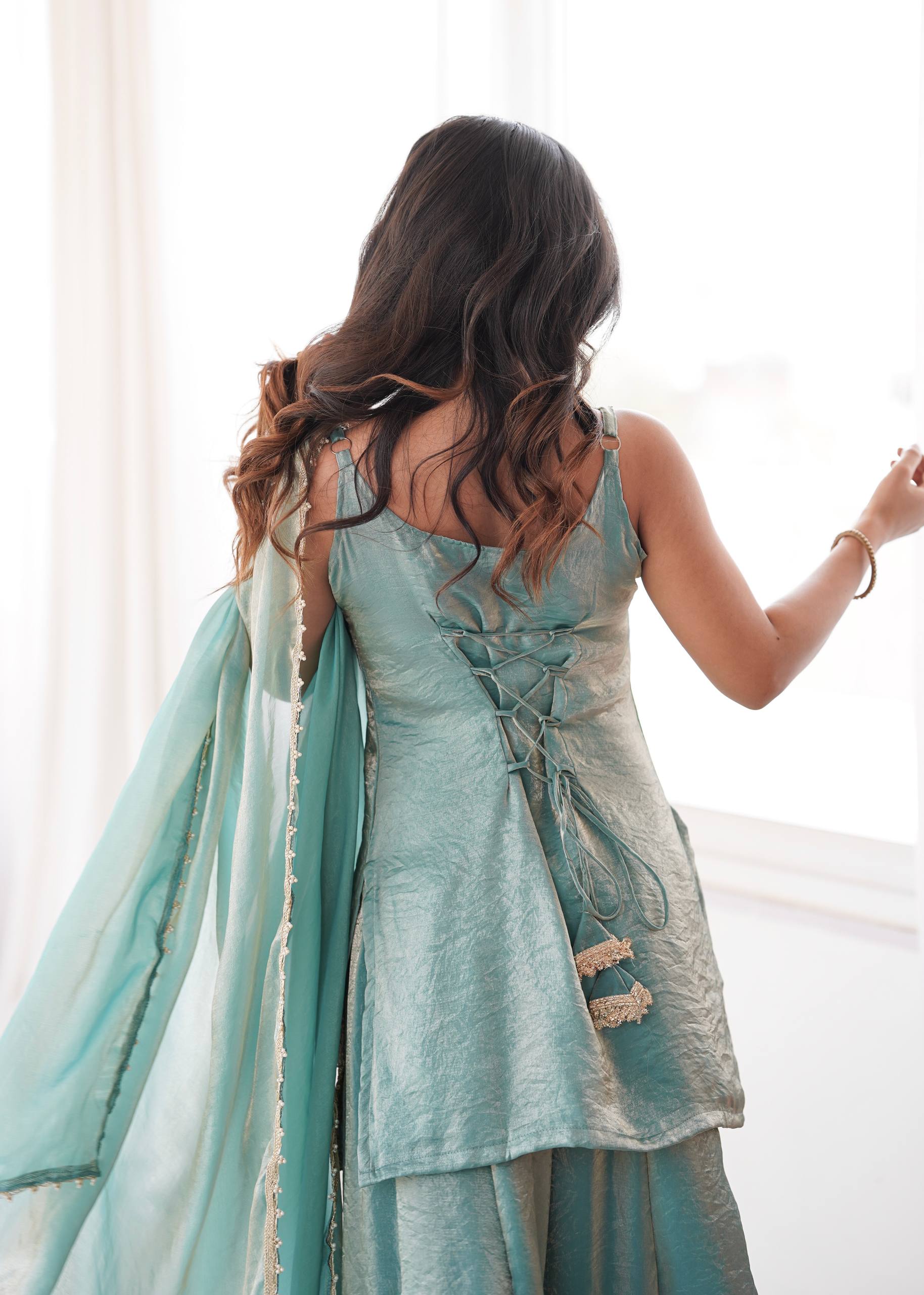 Womenline Sky Blue Embroidered Kurta Sharara Set with Organza Dupatta