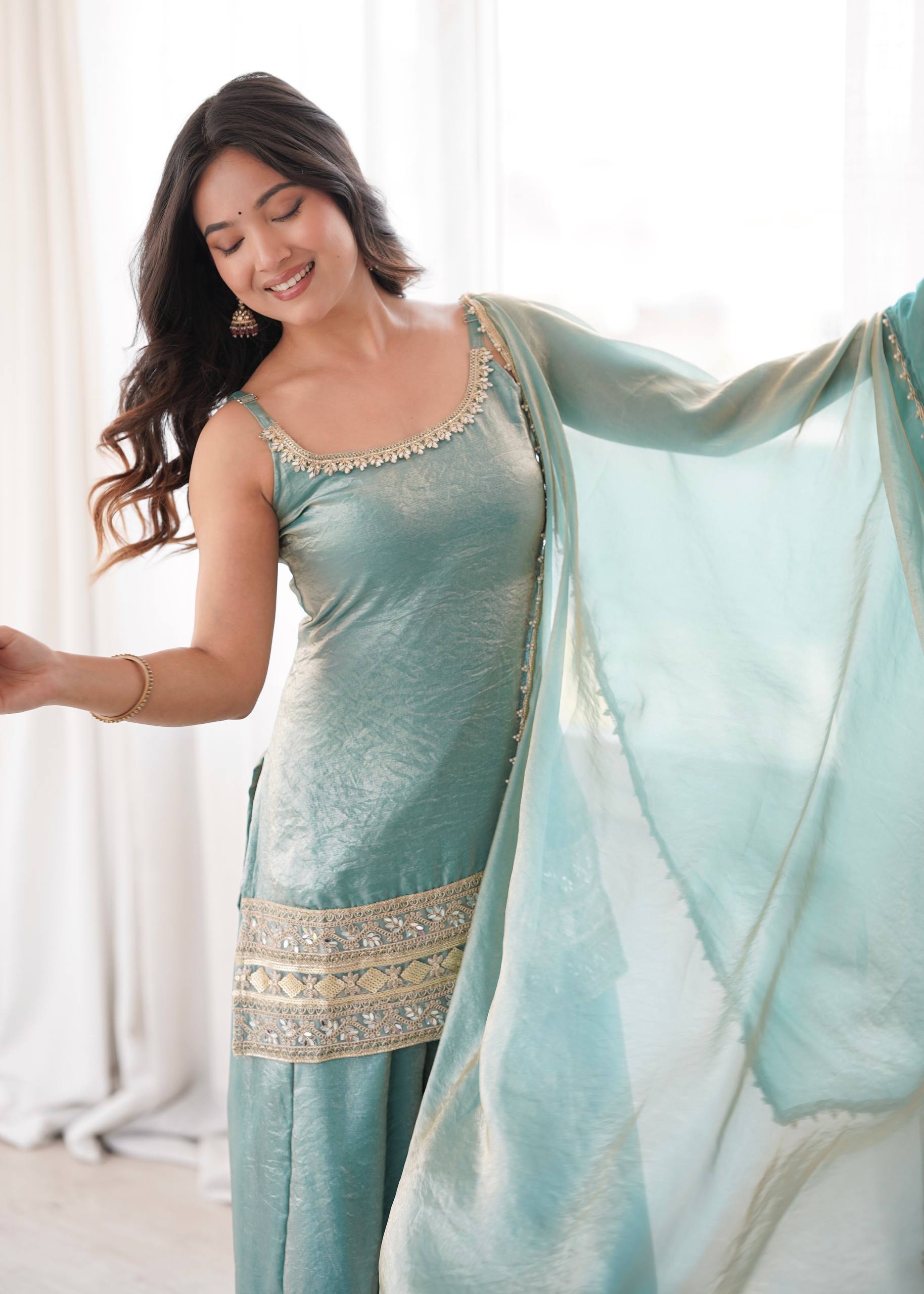 Womenline Sky Blue Embroidered Kurta Sharara Set with Organza Dupatta