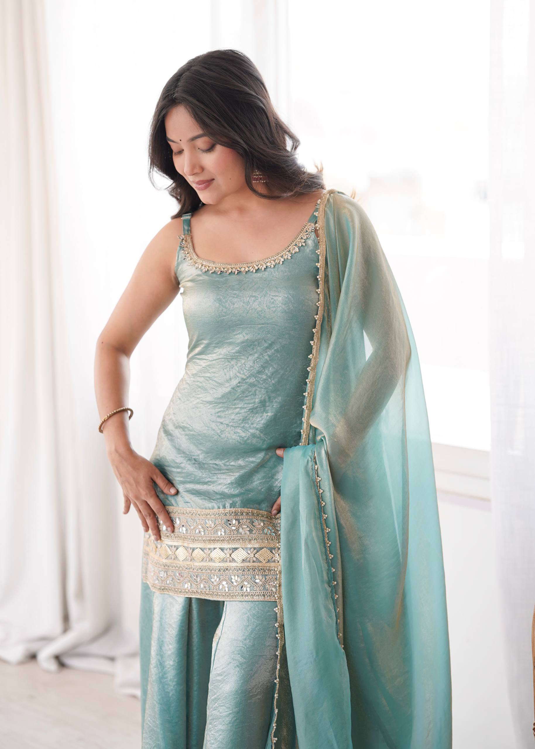 Womenline Sky Blue Embroidered Kurta Sharara Set with Organza Dupatta