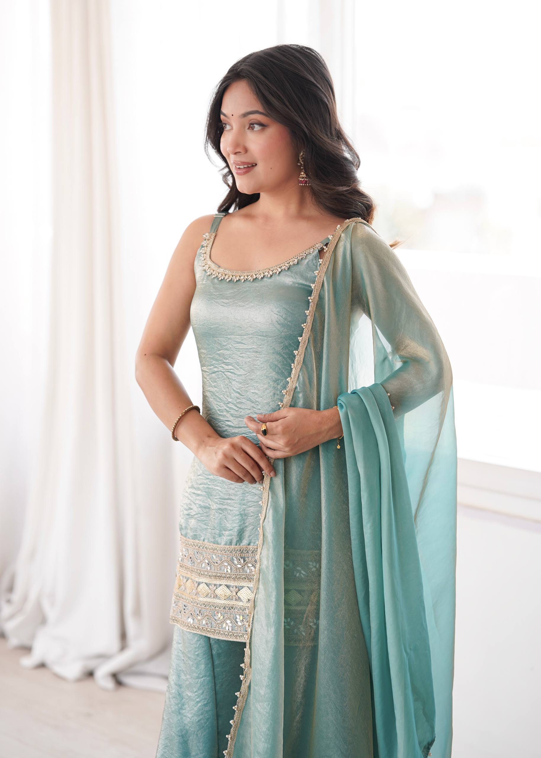 Womenline Sky Blue Embroidered Kurta Sharara Set with Organza Dupatta