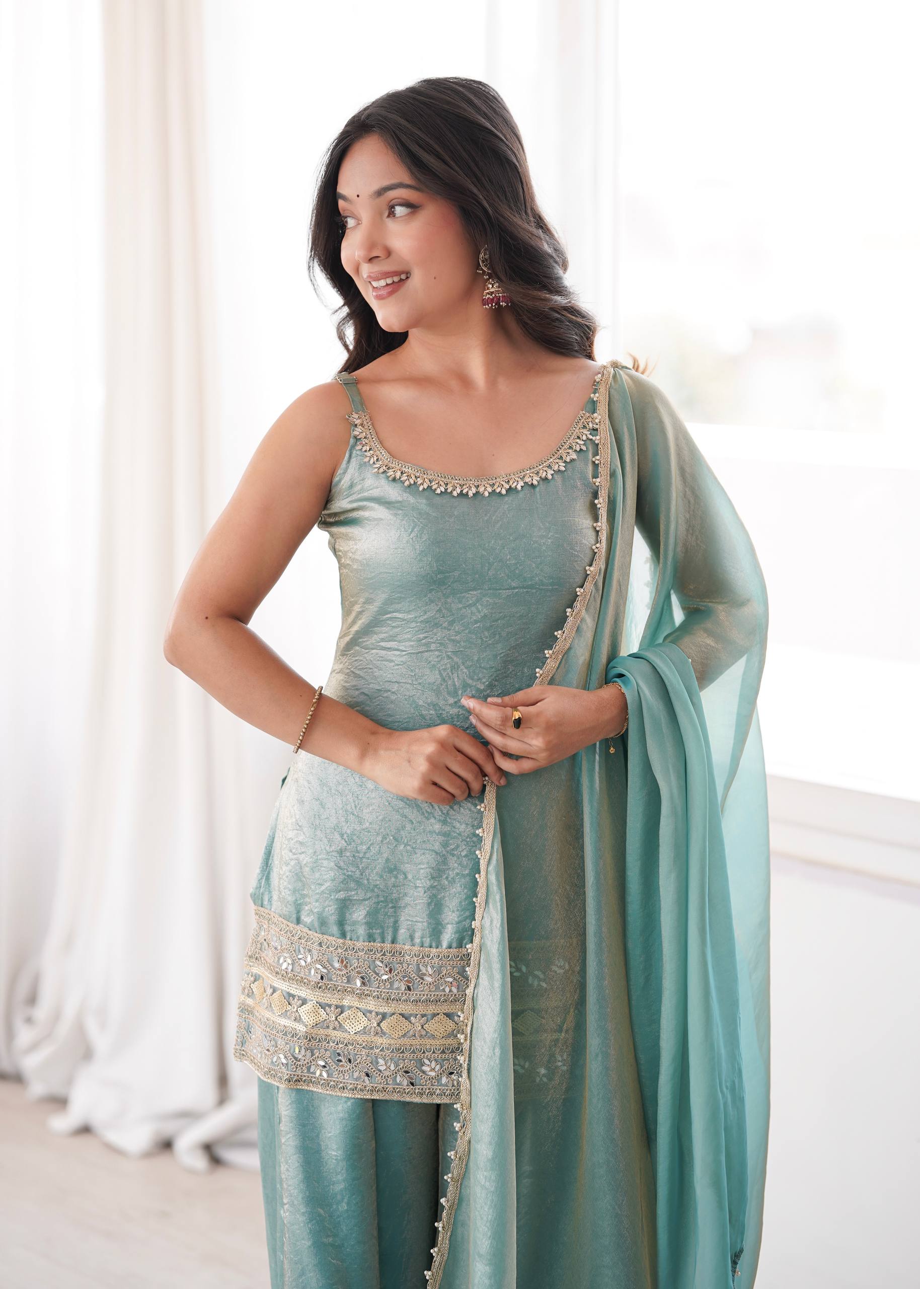 Womenline Sky Blue Embroidered Kurta Sharara Set with Organza Dupatta