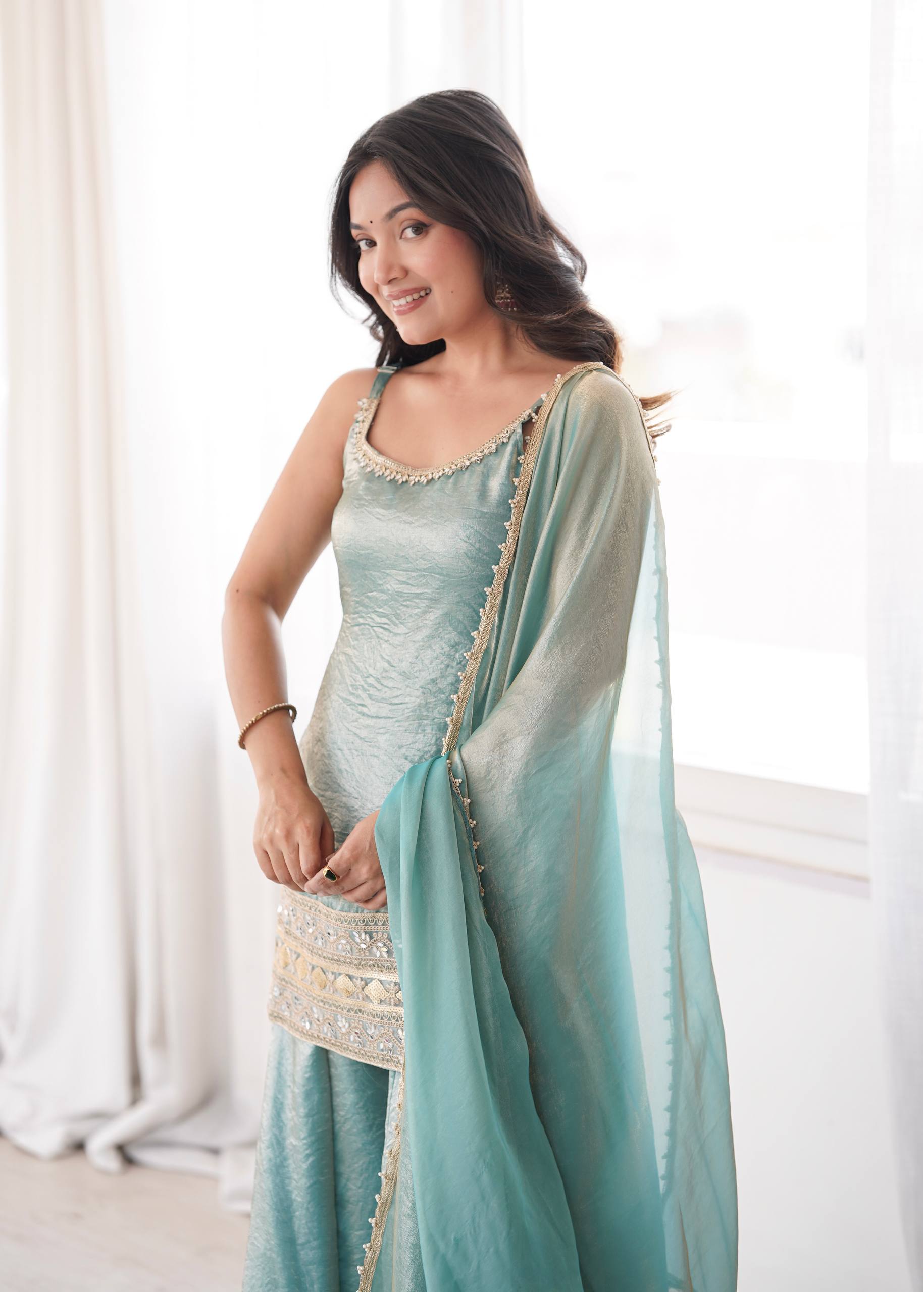 Womenline Sky Blue Embroidered Kurta Sharara Set with Organza Dupatta