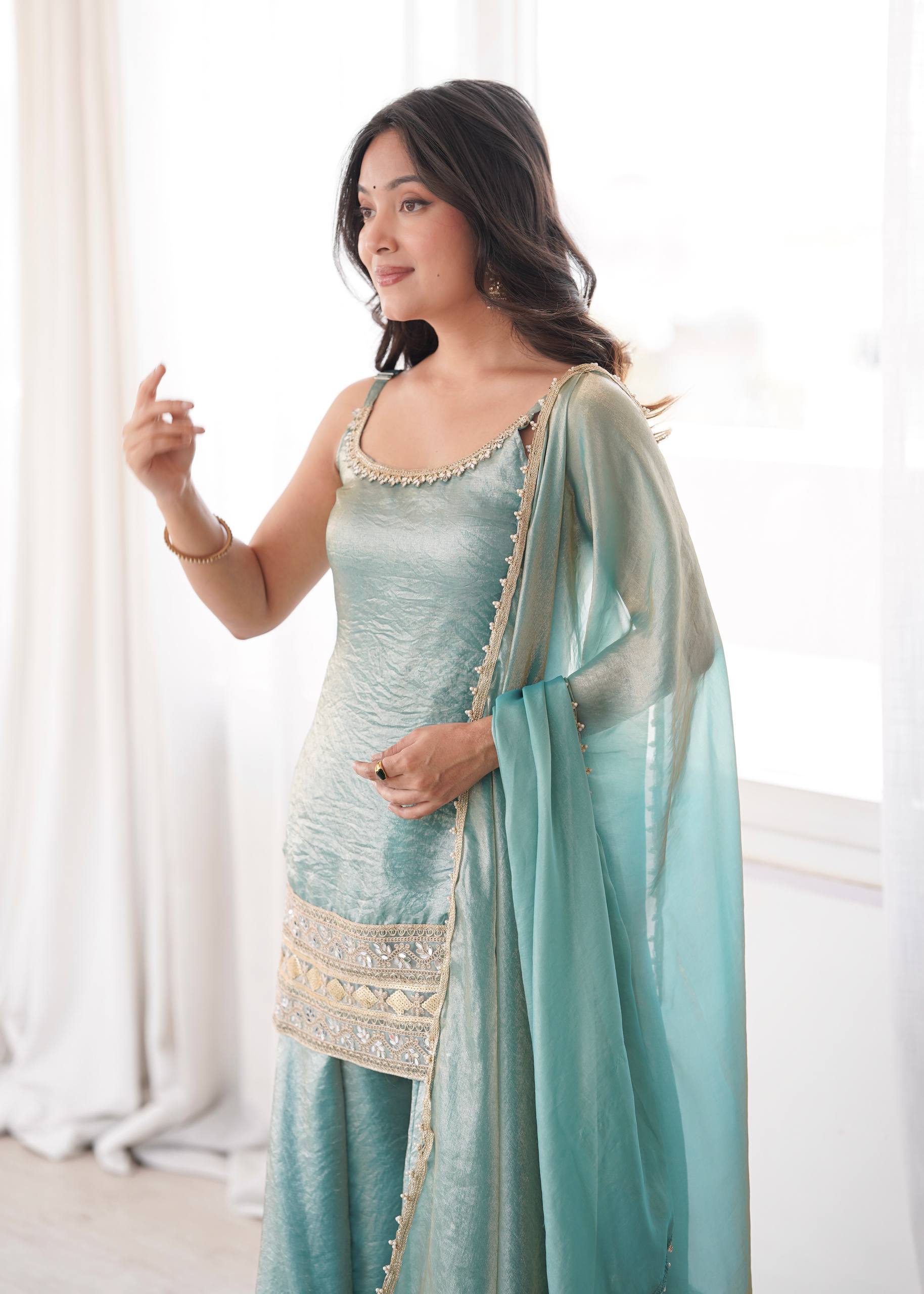 Womenline Sky Blue Embroidered Kurta Sharara Set with Organza Dupatta