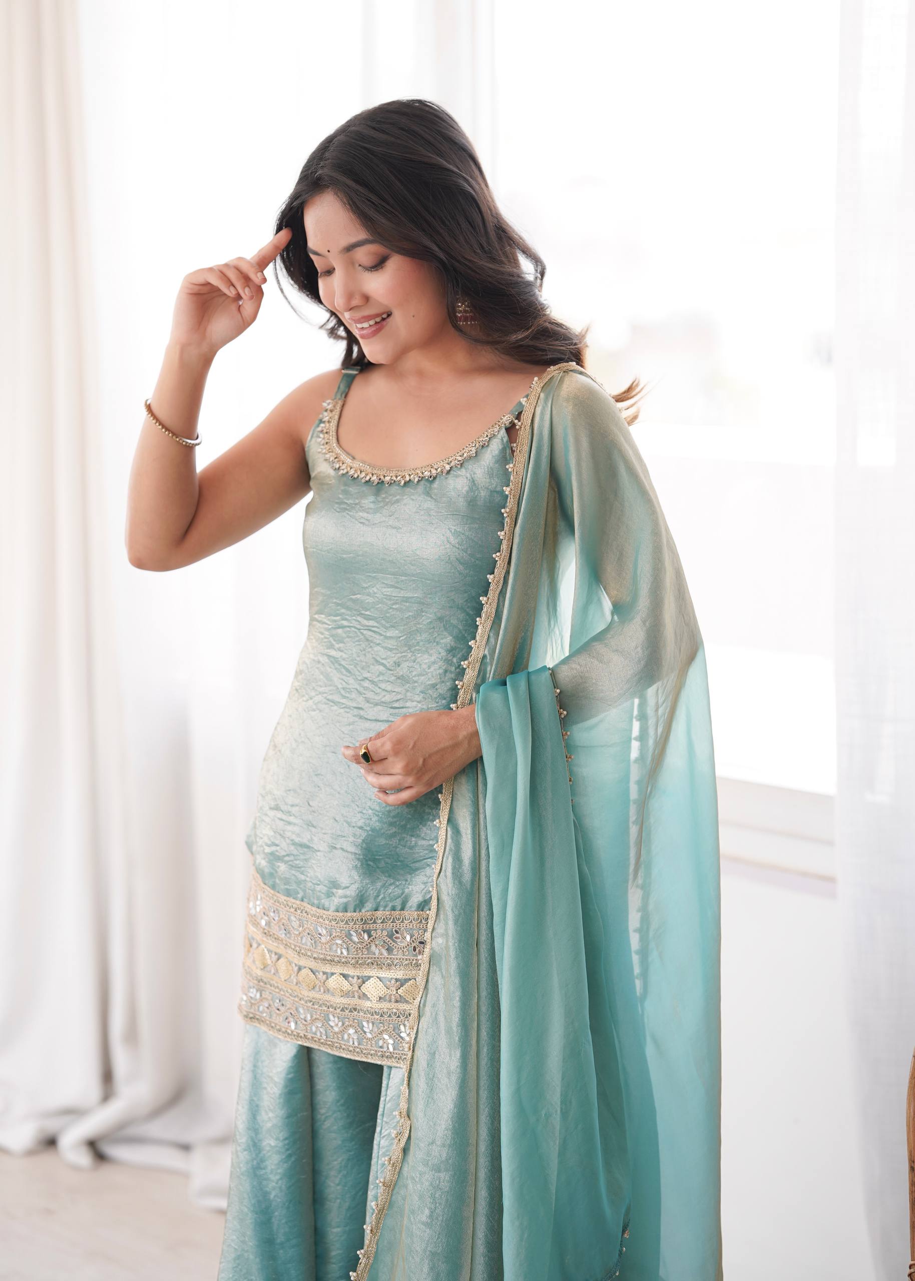 Womenline Sky Blue Embroidered Kurta Sharara Set with Organza Dupatta