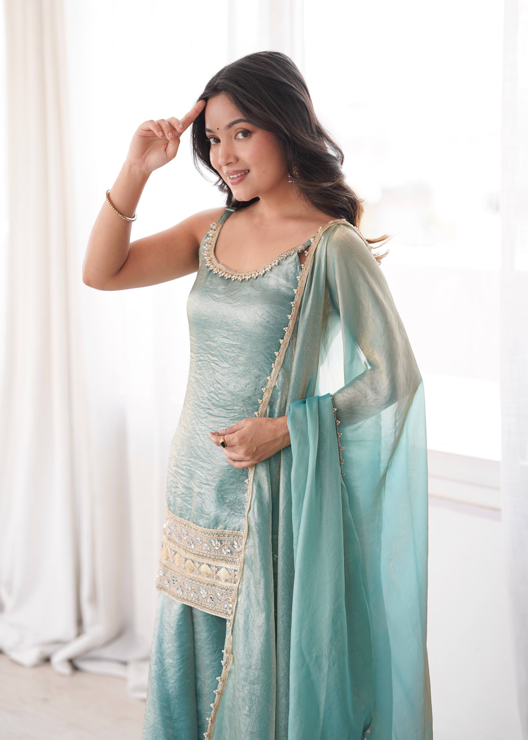 Womenline Sky Blue Embroidered Kurta Sharara Set with Organza Dupatta