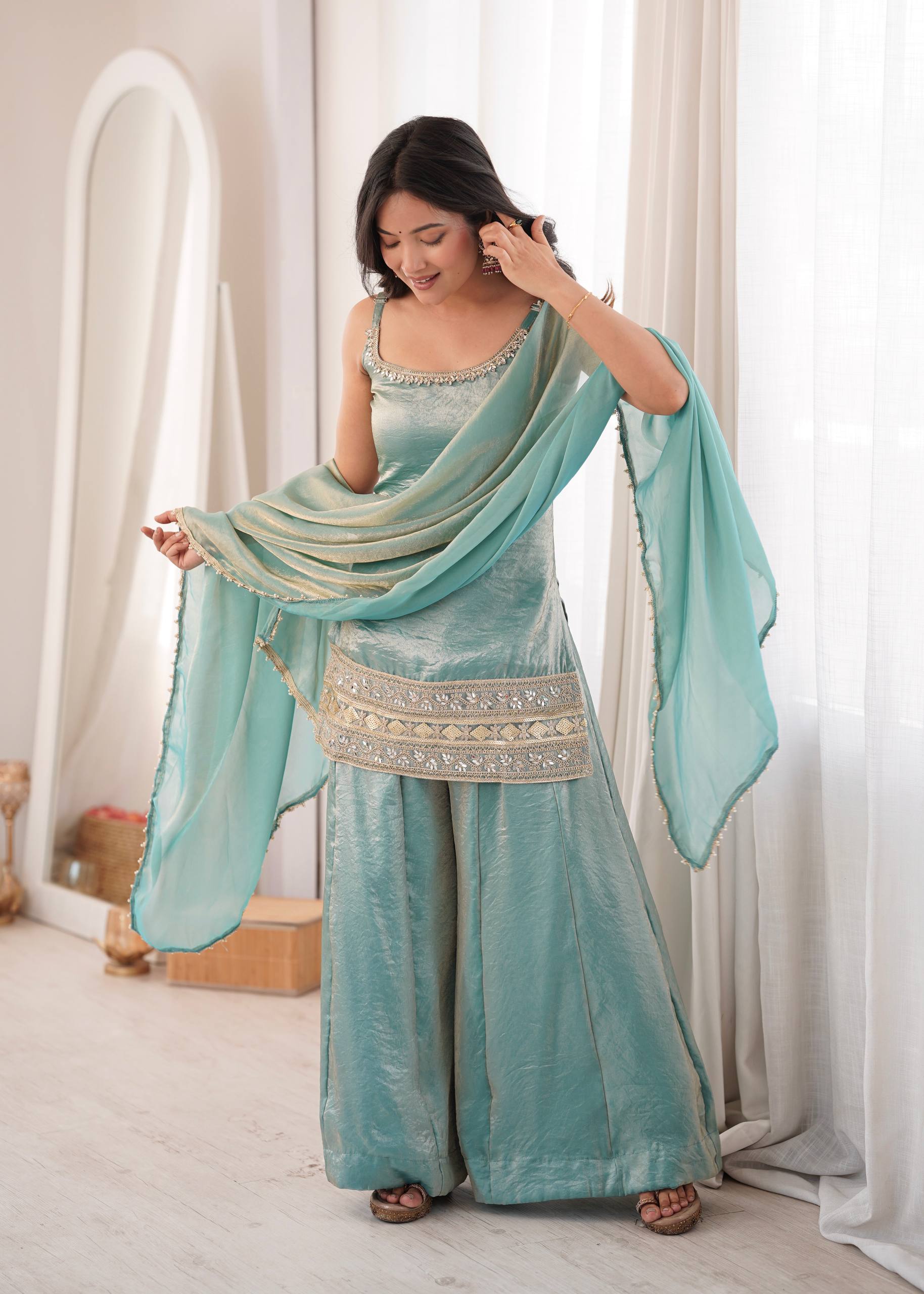 Womenline Sky Blue Embroidered Kurta Sharara Set with Organza Dupatta