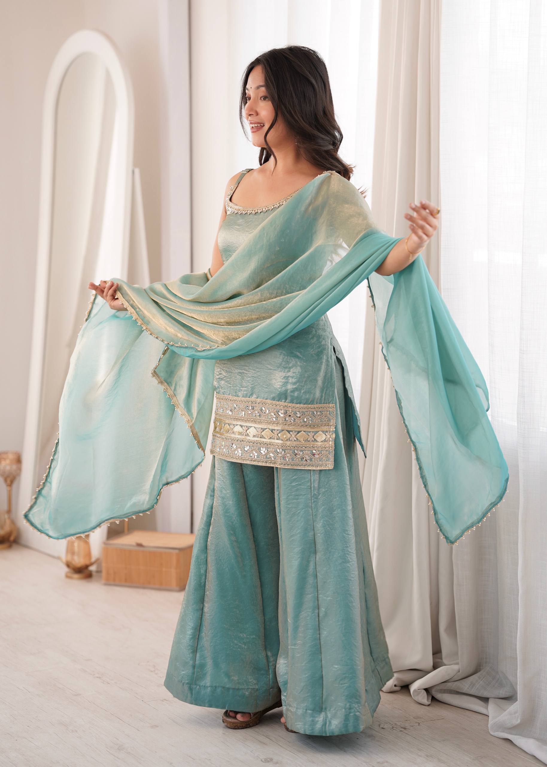 Womenline Sky Blue Embroidered Kurta Sharara Set with Organza Dupatta