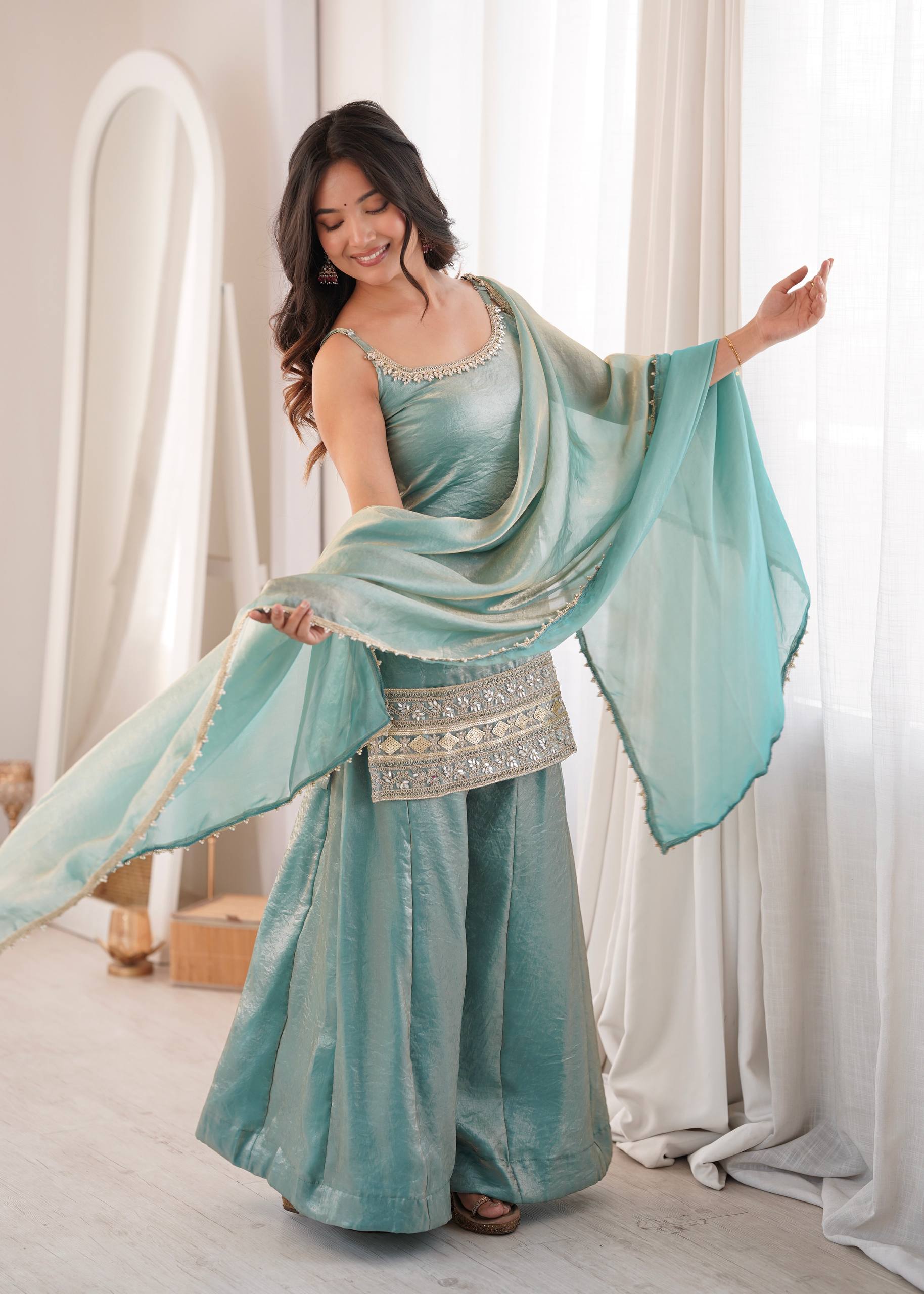 Womenline Sky Blue Embroidered Kurta Sharara Set with Organza Dupatta