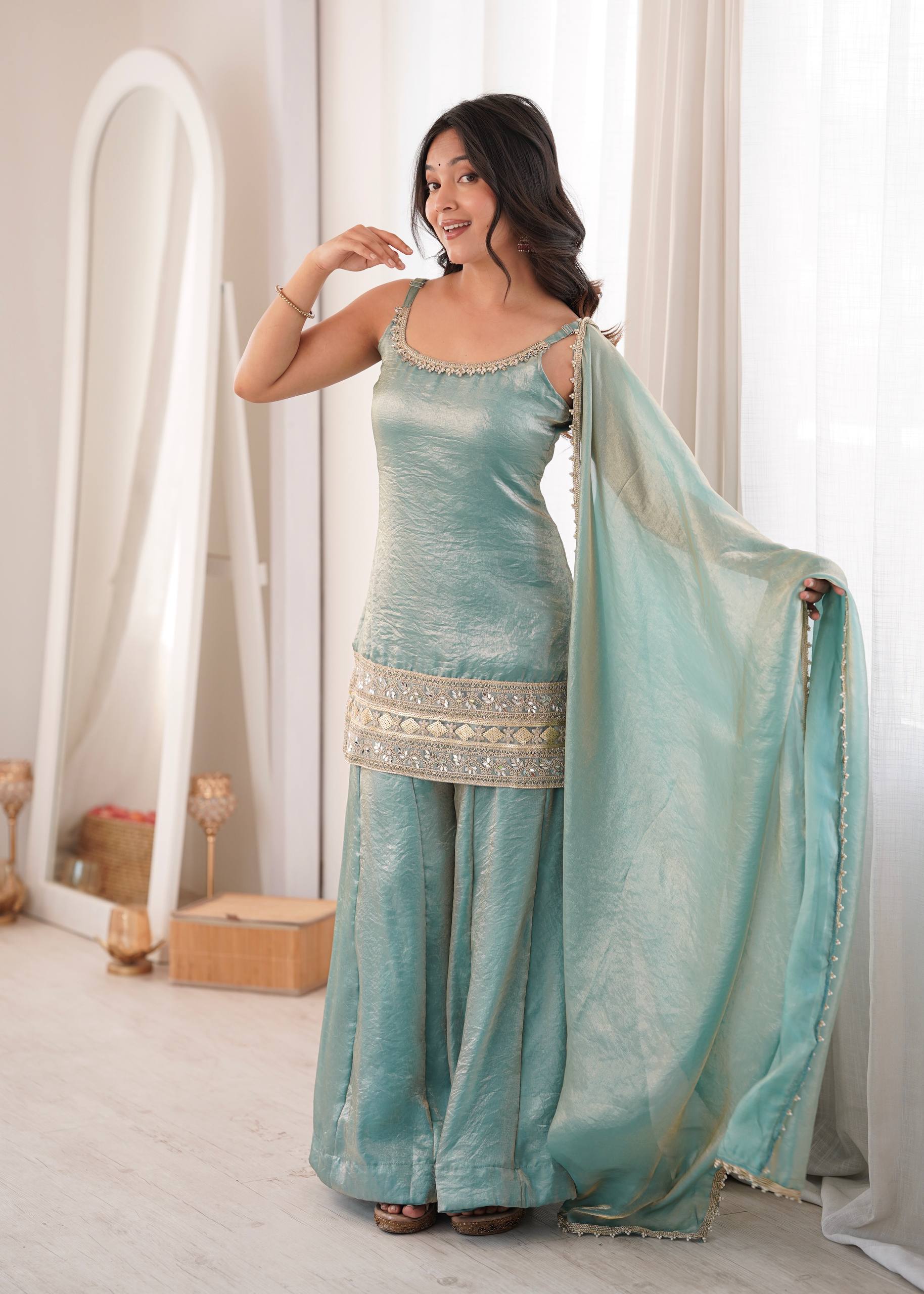 Womenline Sky Blue Embroidered Kurta Sharara Set with Organza Dupatta