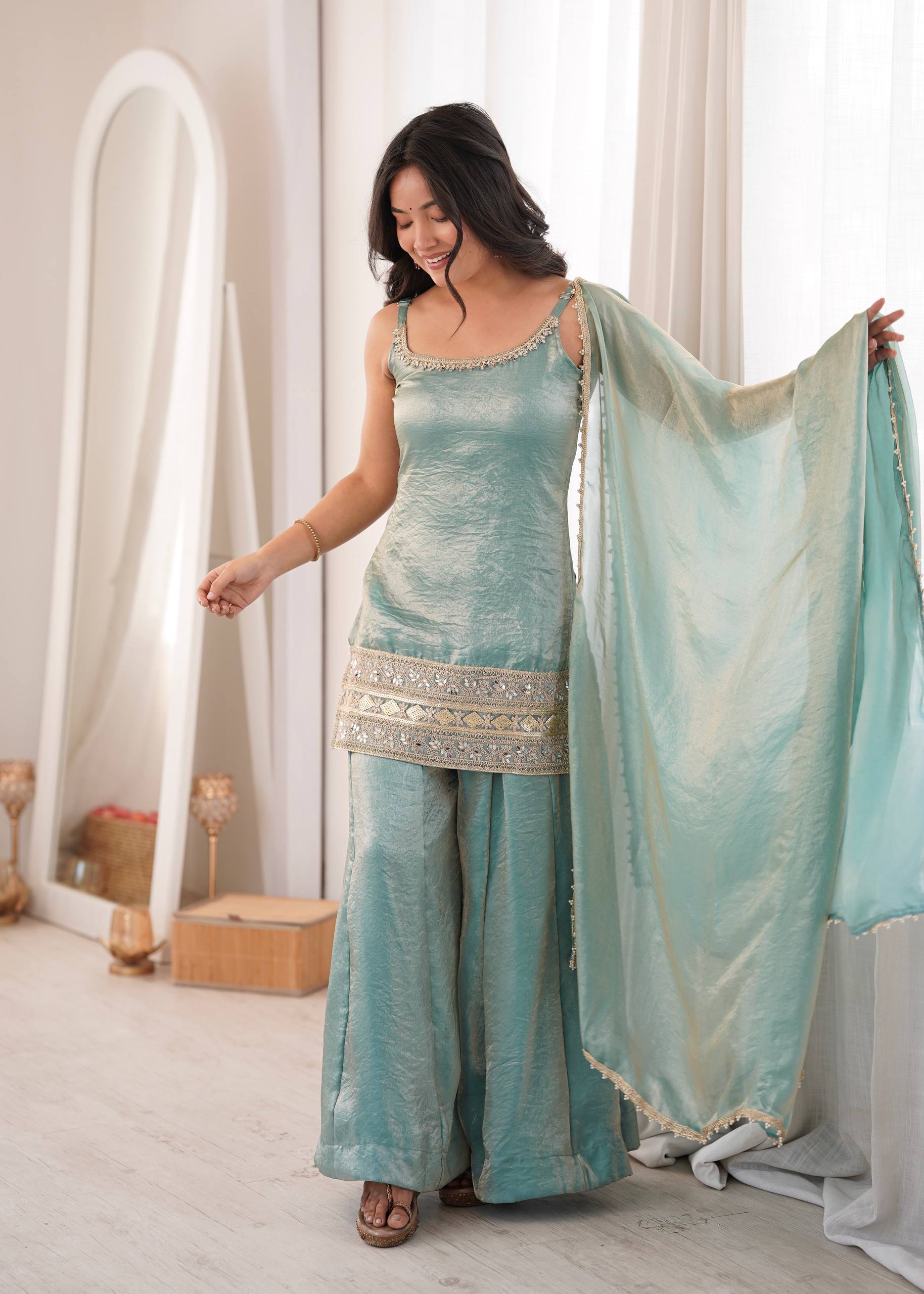 Womenline Sky Blue Embroidered Kurta Sharara Set with Organza Dupatta