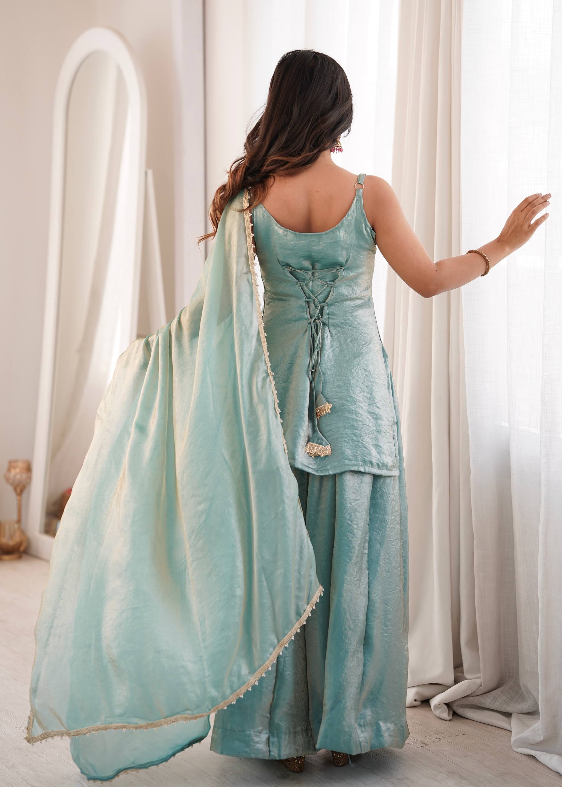 Womenline Sky Blue Embroidered Kurta Sharara Set with Organza Dupatta