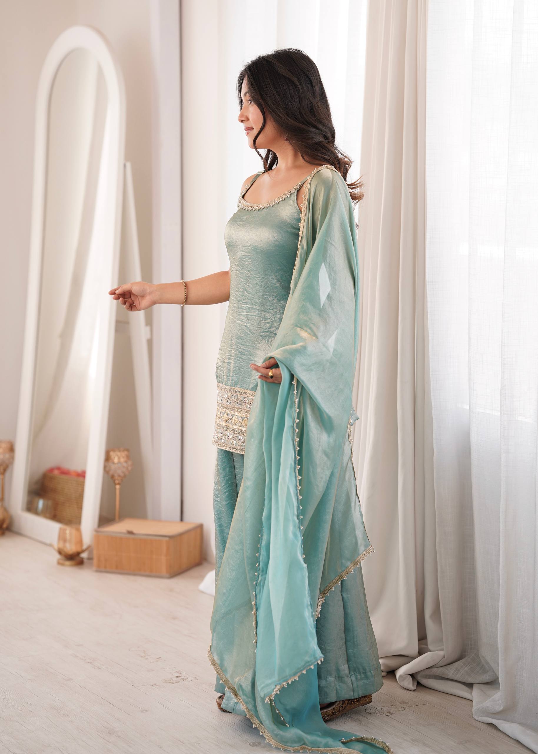 Womenline Sky Blue Embroidered Kurta Sharara Set with Organza Dupatta