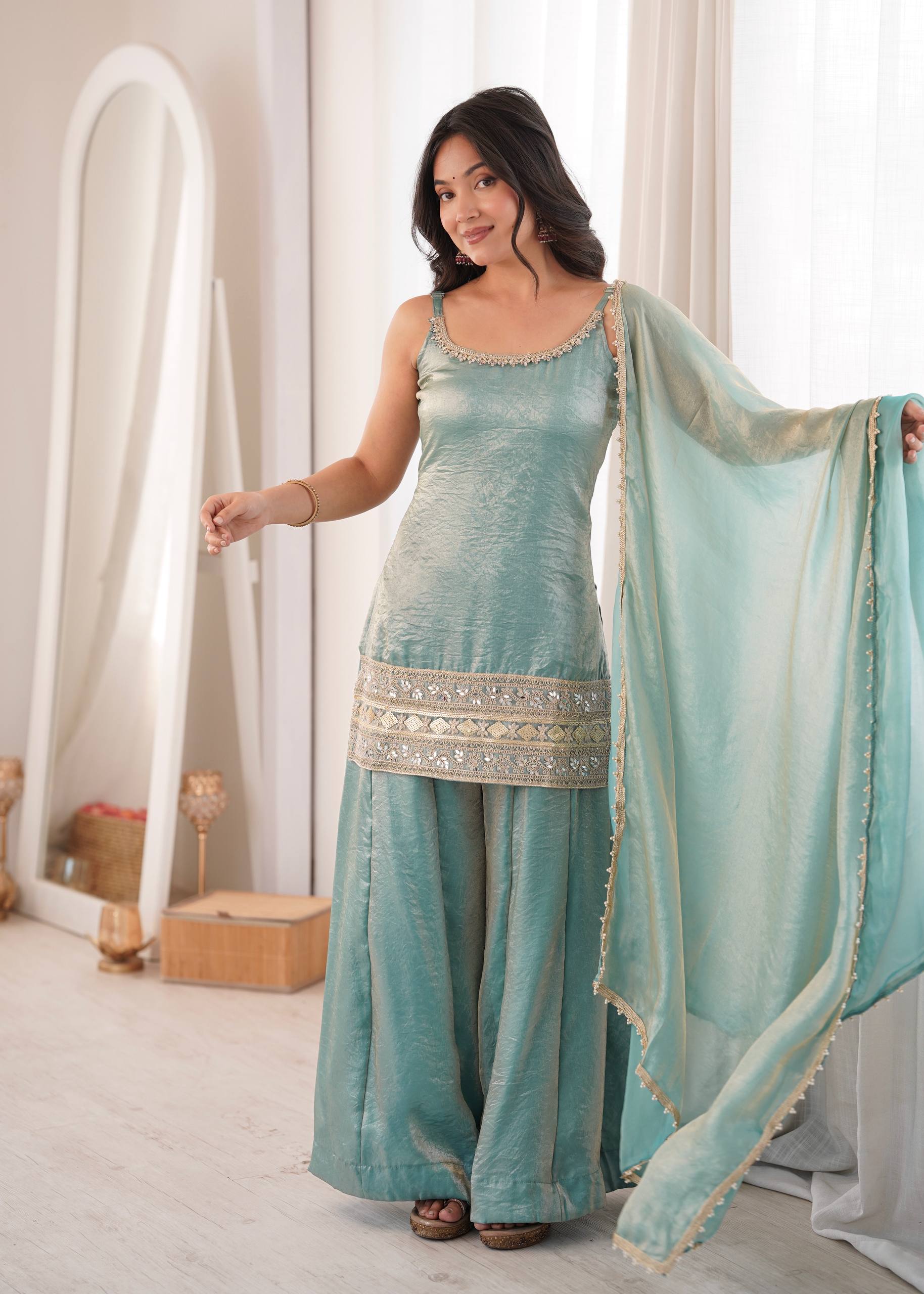 Womenline Sky Blue Embroidered Kurta Sharara Set with Organza Dupatta