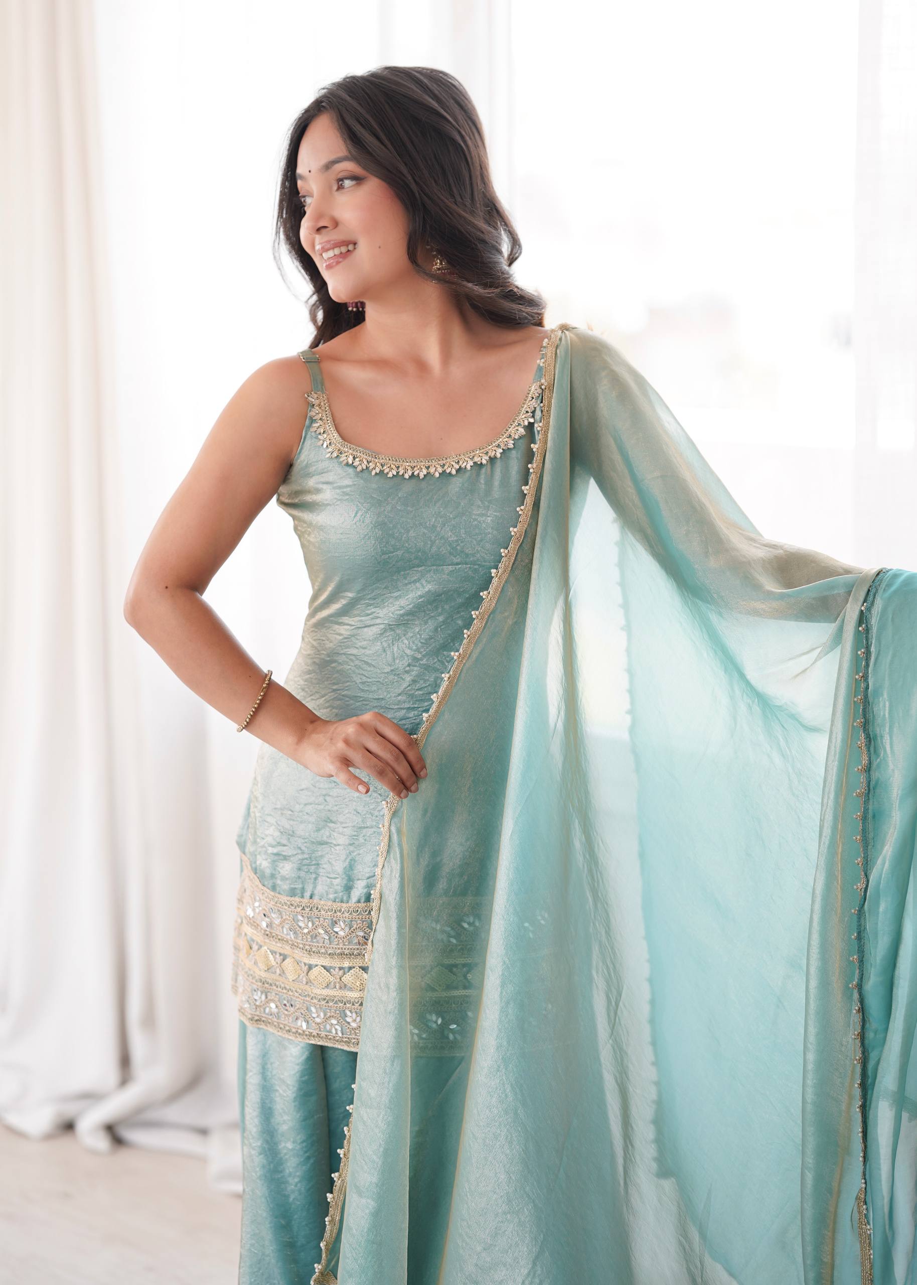 Womenline Sky Blue Embroidered Kurta Sharara Set with Organza Dupatta