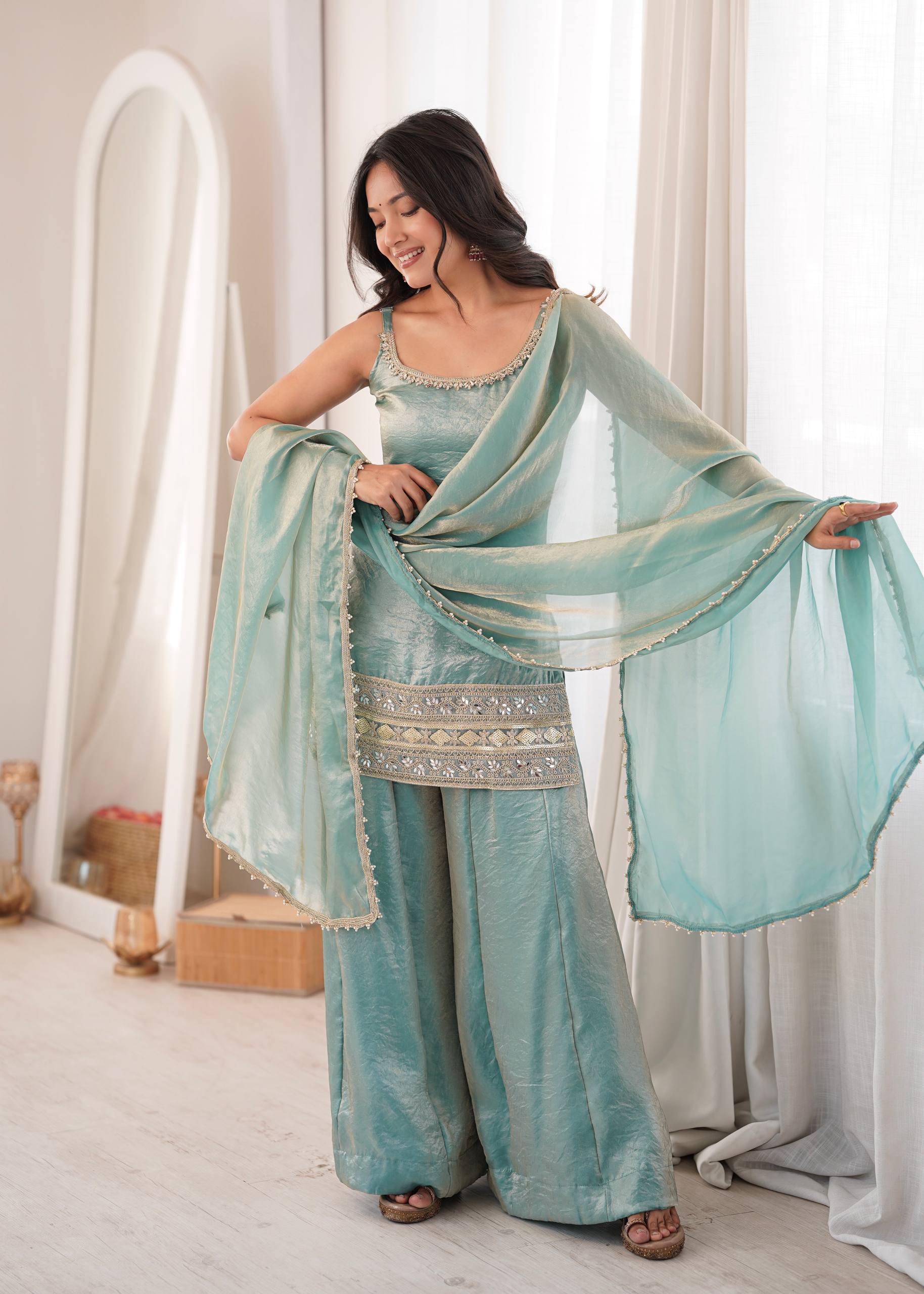 Womenline Sky Blue Embroidered Kurta Sharara Set with Organza Dupatta