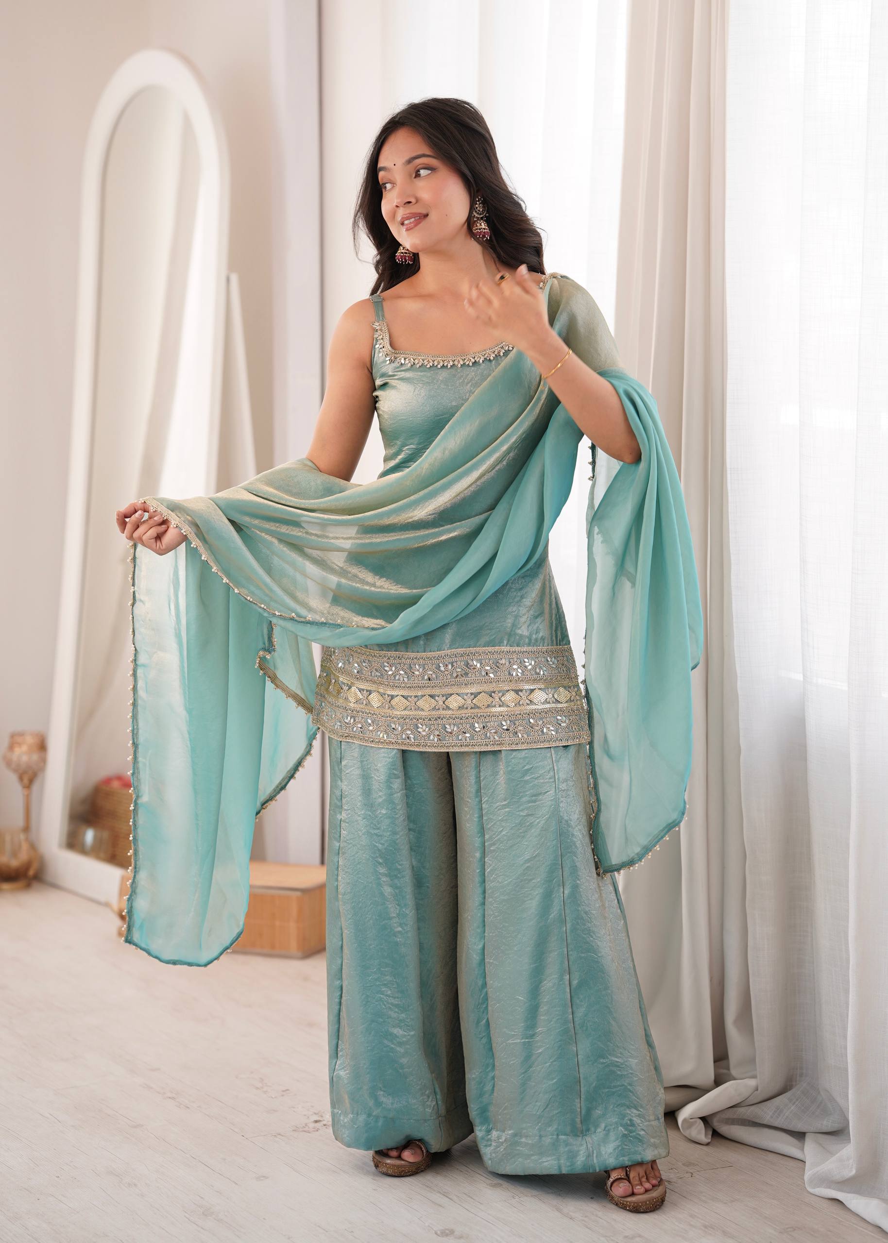 Womenline Sky Blue Embroidered Kurta Sharara Set with Organza Dupatta