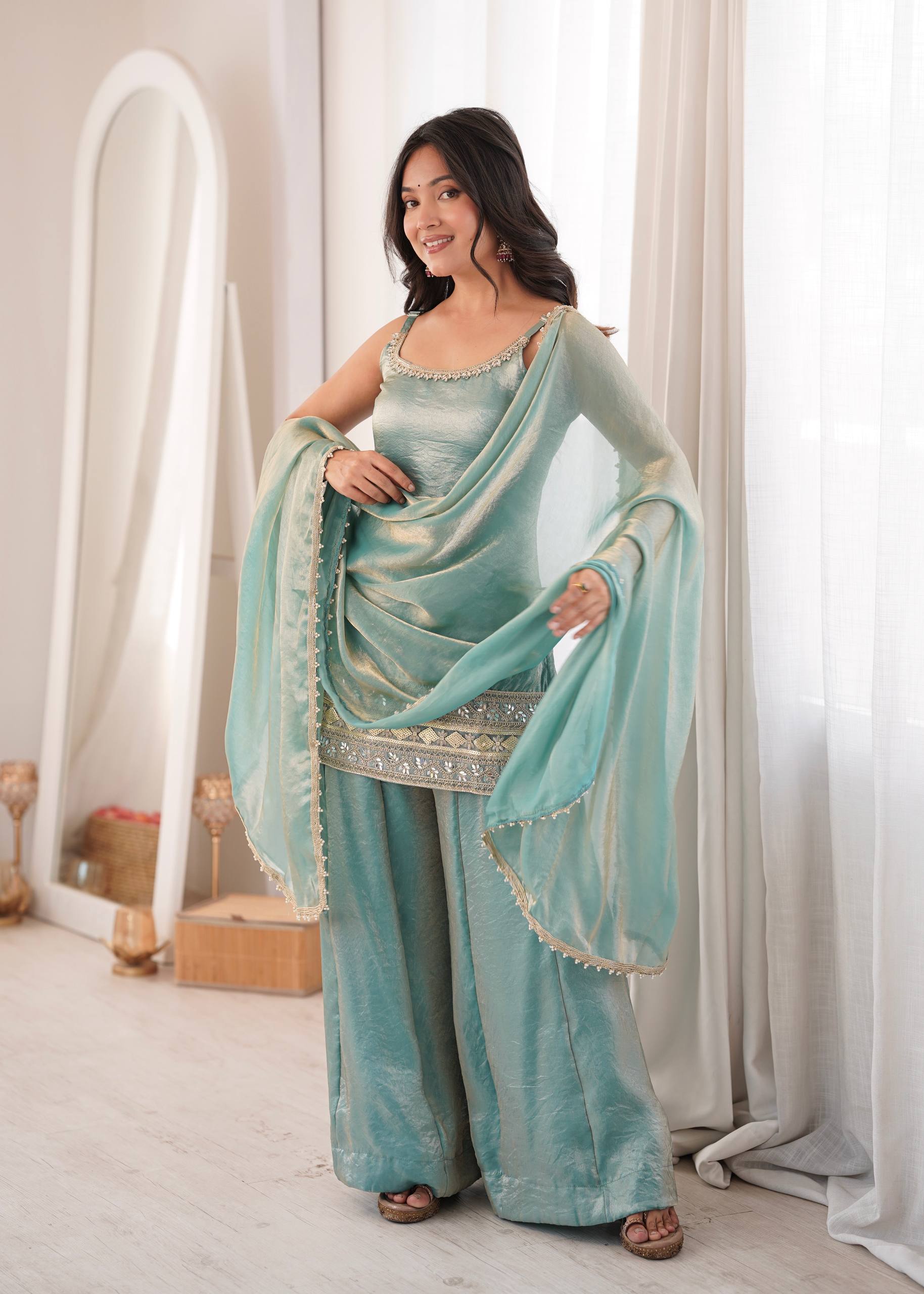 Womenline Sky Blue Embroidered Kurta Sharara Set with Organza Dupatta
