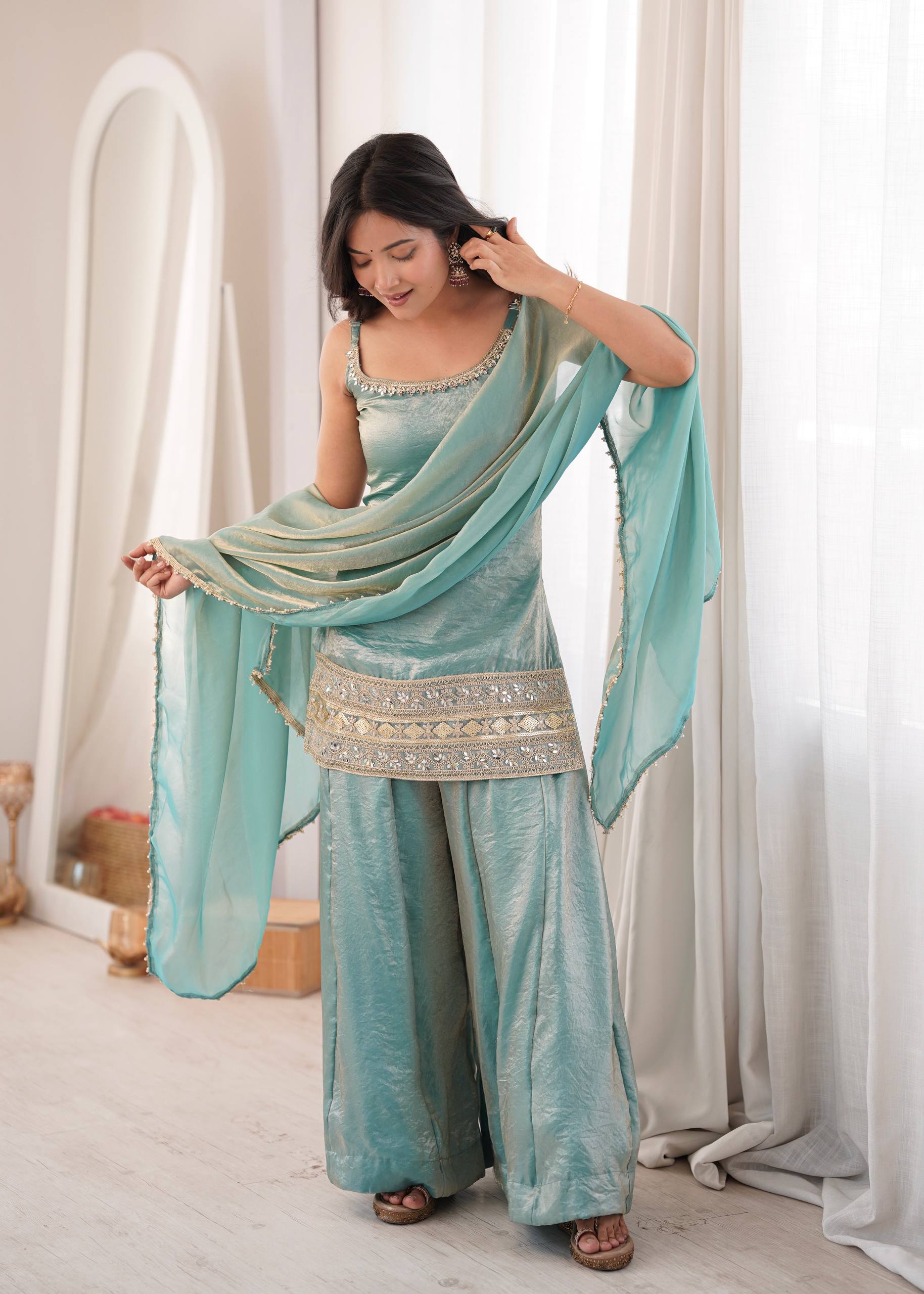 Womenline Sky Blue Embroidered Kurta Sharara Set with Organza Dupatta