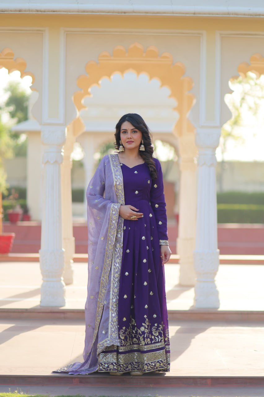 Womenline Dark Purple Georgette with Embroidery Zari Sequins-work