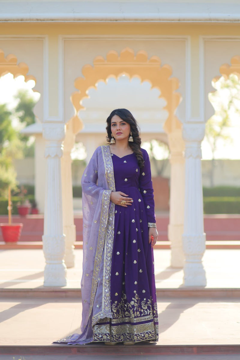 Womenline Dark Purple Georgette with Embroidery Zari Sequins-work