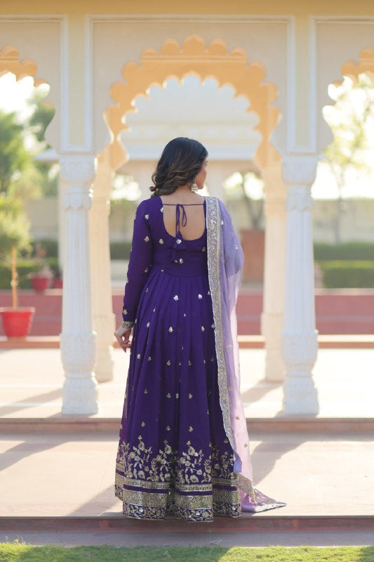 Womenline Dark Purple Georgette with Embroidery Zari Sequins-work