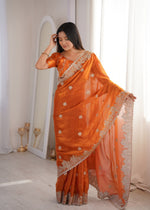 Womenline Orange Organza Embroidered Saree with Blouse