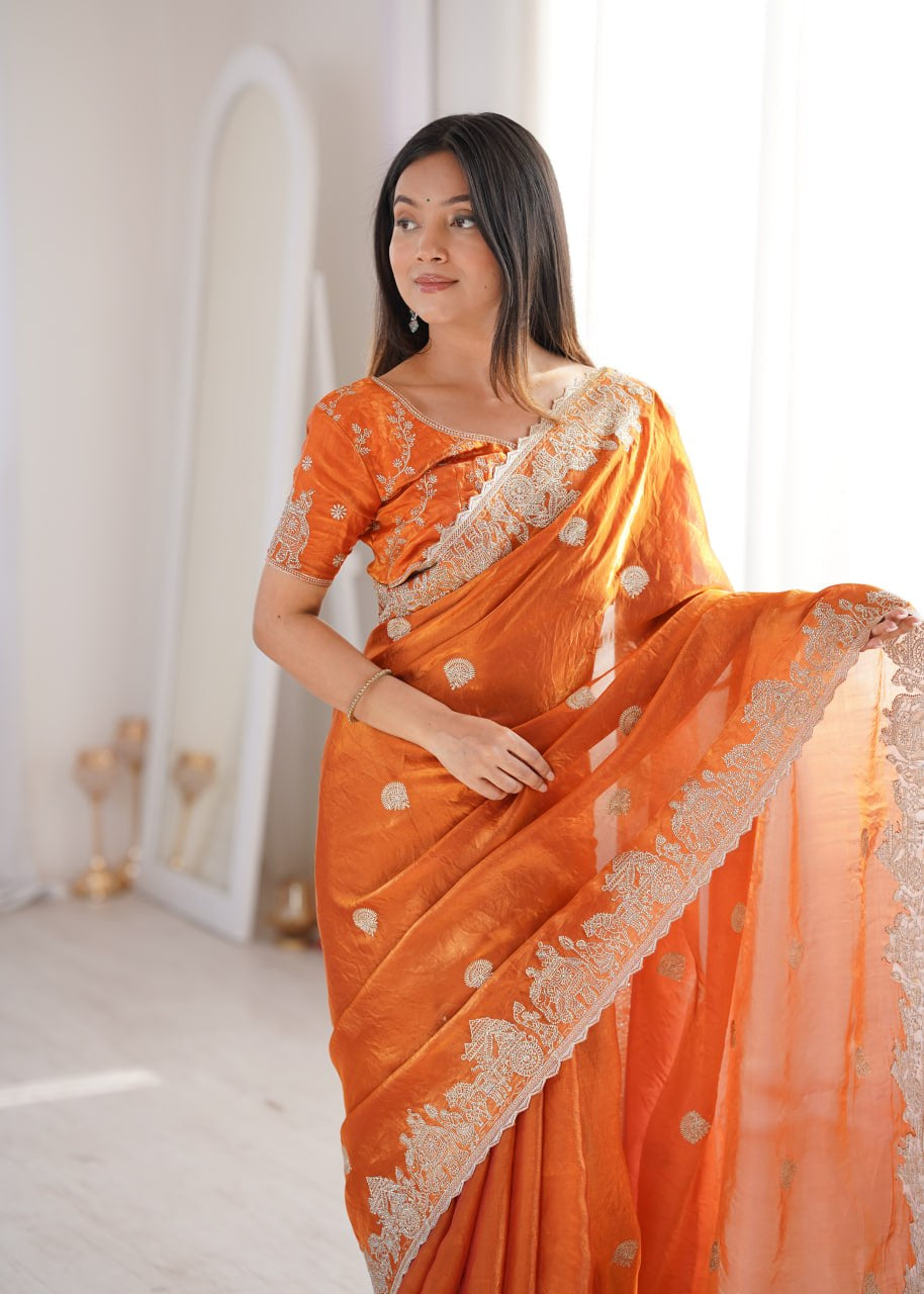 Womenline Orange Organza Embroidered Saree with Blouse