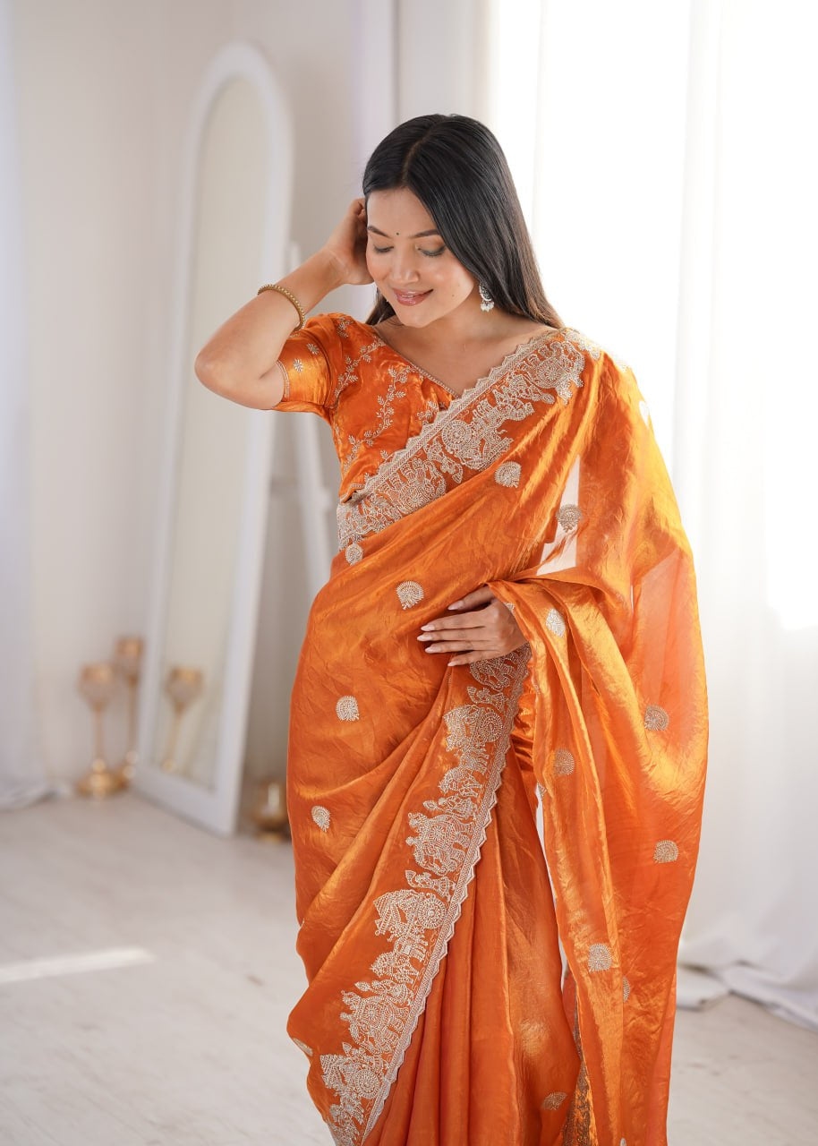 Womenline Orange Organza Embroidered Saree with Blouse