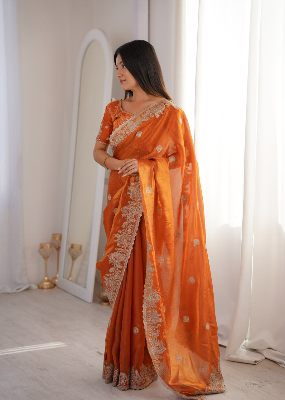 Womenline Orange Organza Embroidered Saree with Blouse