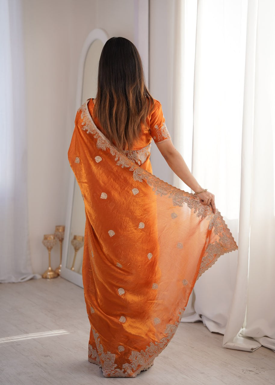 Womenline Orange Organza Embroidered Saree with Blouse