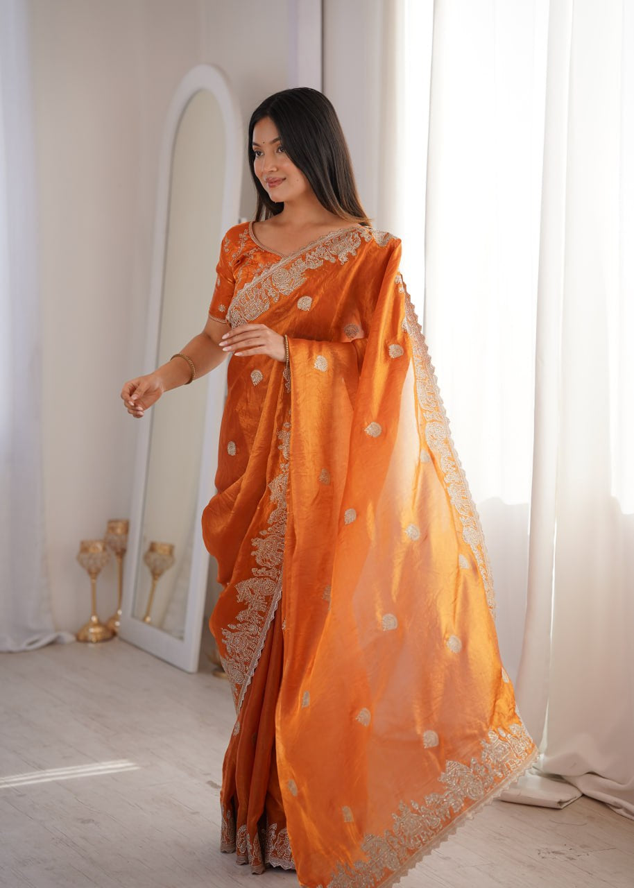 Womenline Orange Organza Embroidered Saree with Blouse