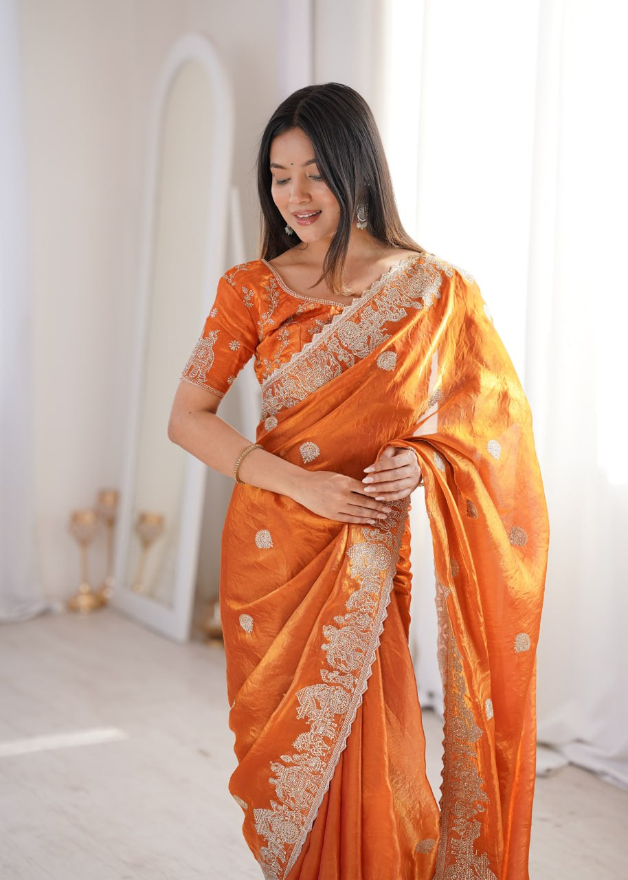 Womenline Orange Organza Embroidered Saree with Blouse