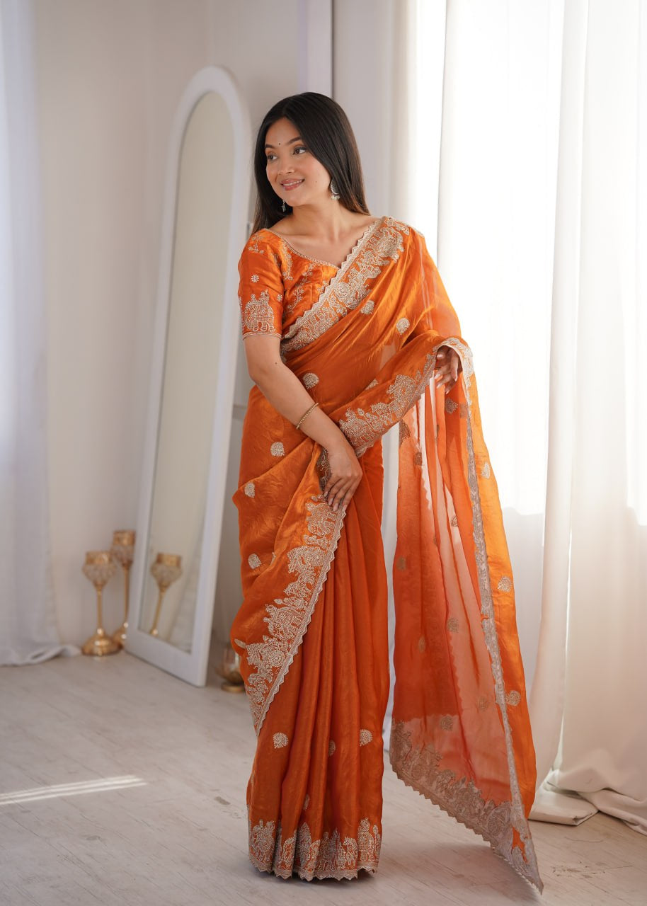Womenline Orange Organza Embroidered Saree with Blouse