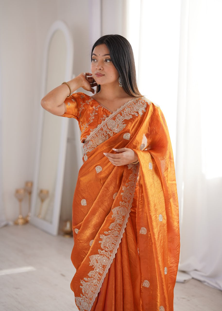 Womenline Orange Organza Embroidered Saree with Blouse