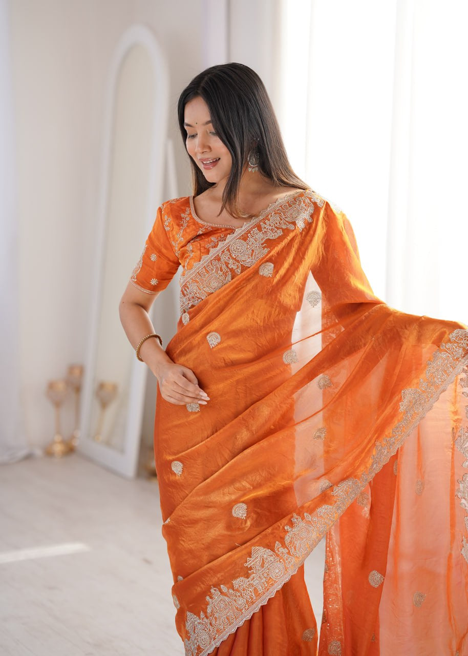 Womenline Orange Organza Embroidered Saree with Blouse